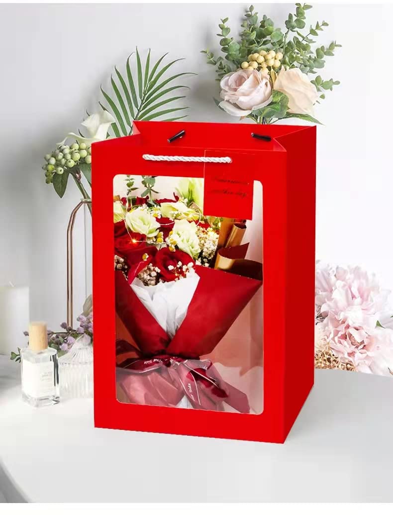 10-Pack Clear Gift Bags with Handles - Large Flower Bouquet Bags for Birthdays, Weddings, Baby Showers & Special Occasions | Perfect for Father's Day, Bridal Showers & Sweetest Day Gifts (Medium, Red)
