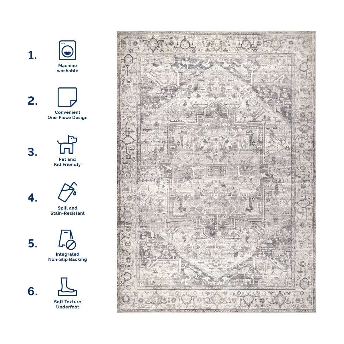 Atrium Medallion Washable Rug - Soft Grey Indoor/Outdoor Area Rug for Living Room, Bedroom, Patio - Machine Washable Non-Slip Floor Mat
