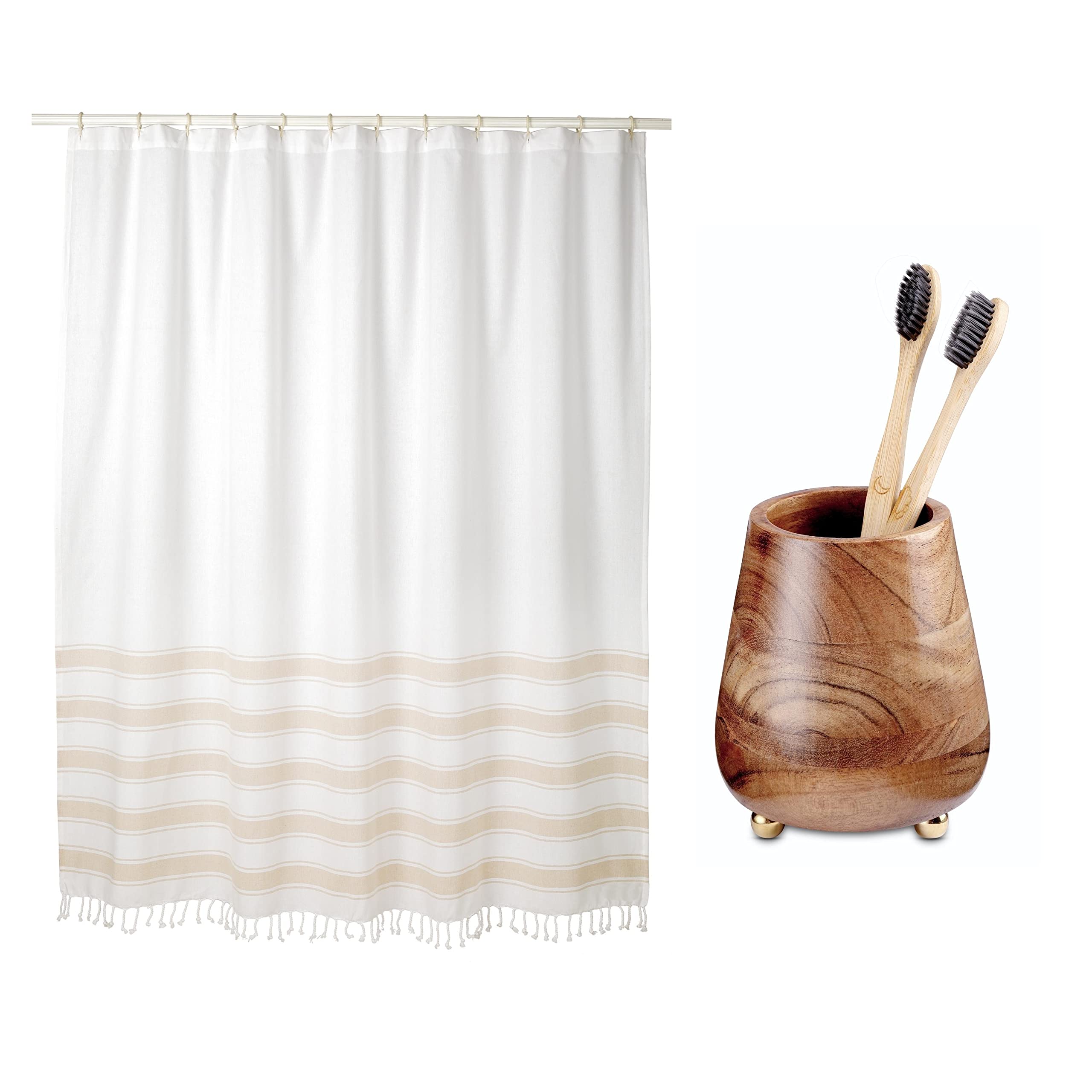 Folkulture Wooden Toothbrush Holder & Water Repellent Shower Curtain Set - Modern Bathroom Organizer with Tassels for Toothbrush Storage & Shower Protection | Perfect for Small Bathrooms, Dorm Rooms & Apartment Decor