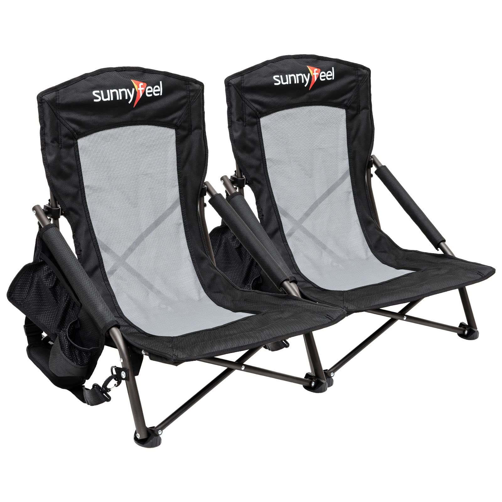 Sunnyfeel Folding Low Camping Beach Chairs 2 Pack - Lightweight Portable Lawn Chairs with Breathable Mesh Back & Cup Holder - Perfect for Outdoor, Travel, Picnic, Concert & Backpacking - Includes Carry Bag (2pcs, Black)