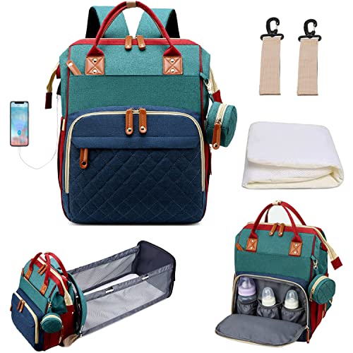 **Sky Treasure Multifunctional Waterproof Diaper Backpack for Parents - Large Capacity Baby Bag with Crib, Stroller Straps & Insulated Pockets | Perfect for Travel, Baby Showers & Newborn Registry Essentials (Blue-Green)**    *(Use Cases: Ideal for parents on-the-go, daycare trips, family vacations, and baby showers – keeps diapers, wipes, bottles, and baby essentials organized and accessible.)*