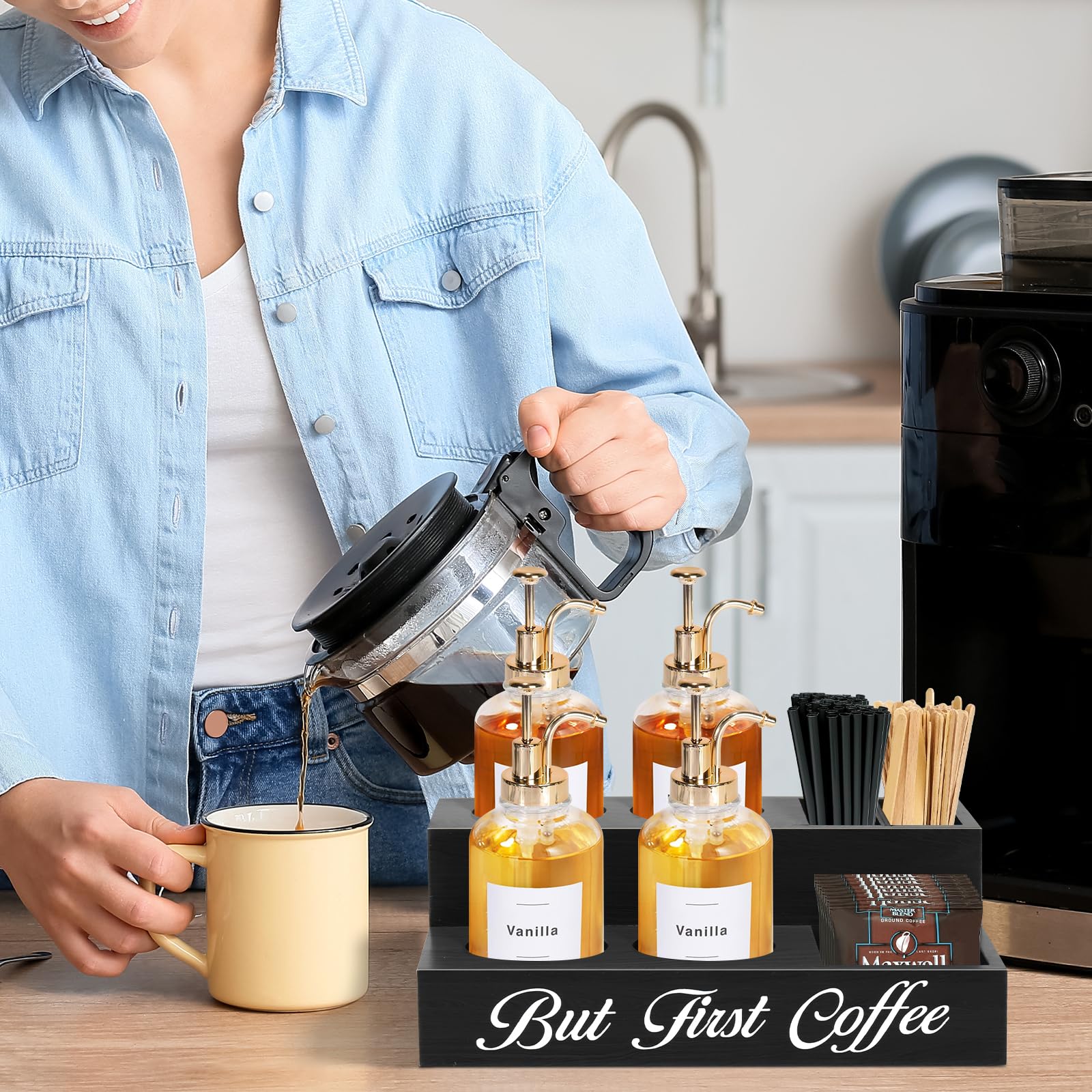 Rustic Wooden Coffee Station Organizer - Syrup & Pod Holder, Countertop Pantry Organizer for Farmhouse Coffee Bar Decor | Perfect for Kitchen, Dining Room & Coffee Shop Décor