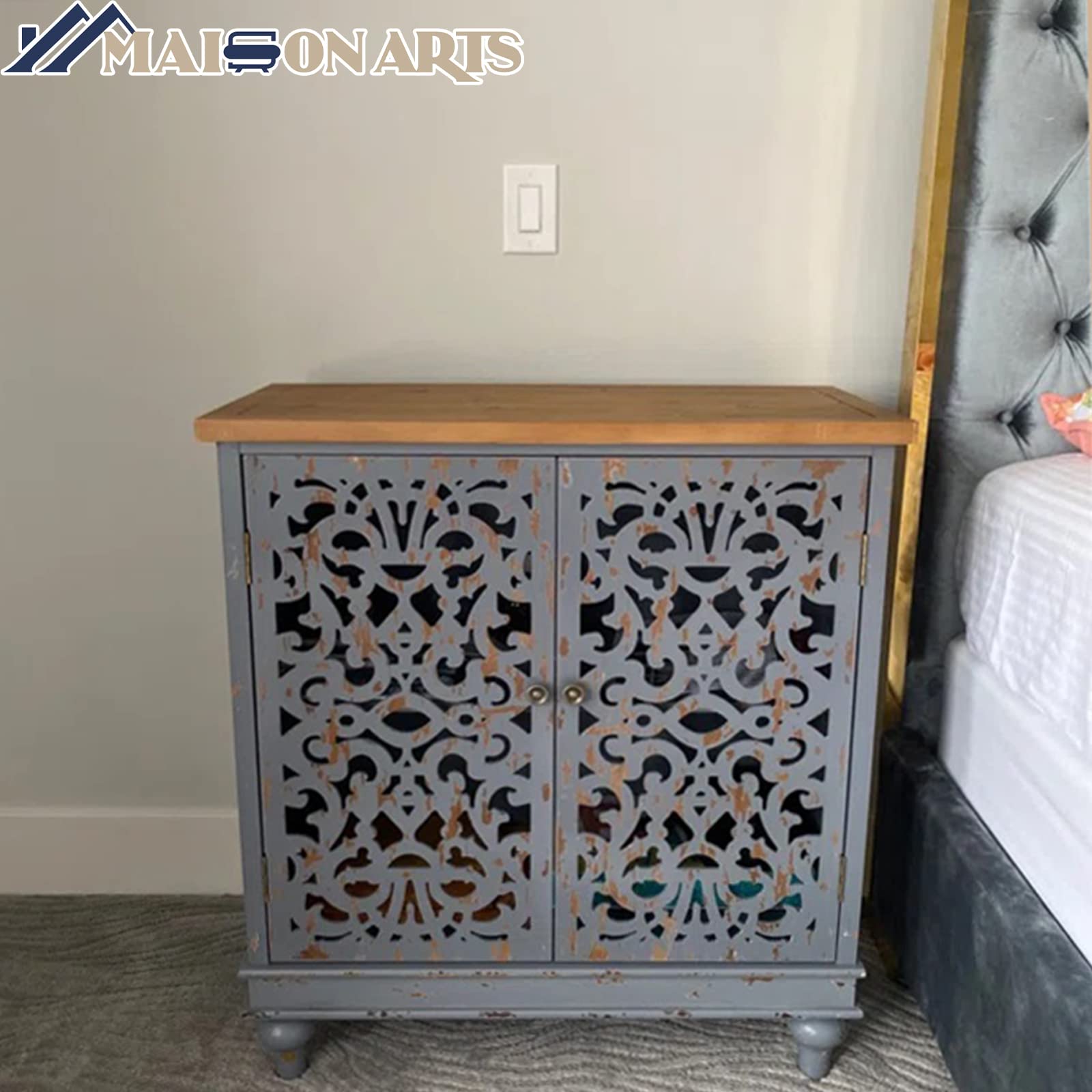 MAISON ARTS Distressed Grey Farmhouse Accent Cabinet with Hollow Carved Doors - Rustic Storage Cabinet for Entryway, Living Room & Bedroom Decor | Perfect for Home Organization & Farmhouse Style Decorating