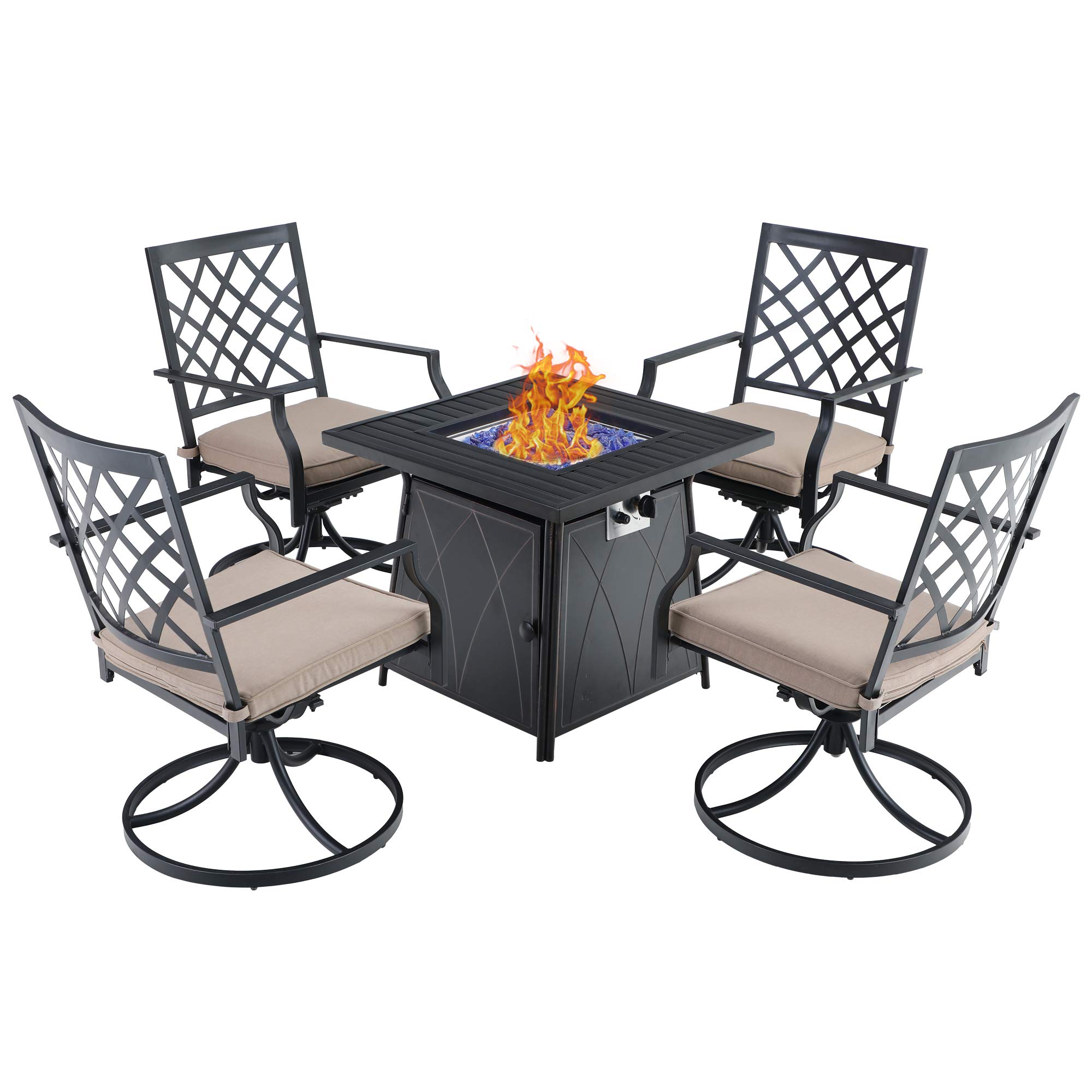 PHI VILLA 28 Inch Outdoor Gas Fire Pit Table Set with 4 Swivel Chairs - 50,000 BTU Propane Fire Pit Square Table for Patio, Backyard, Deck & Garden - Perfect for Entertaining, Camping & Relaxation