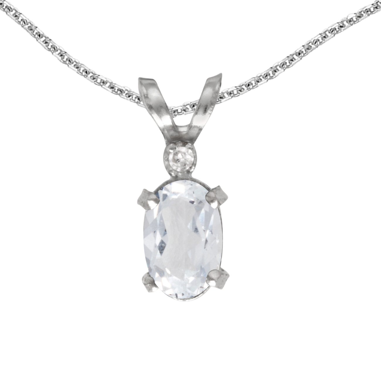 14K White Gold Oval White Topaz and Diamond Filigree Pendant Necklace with 18