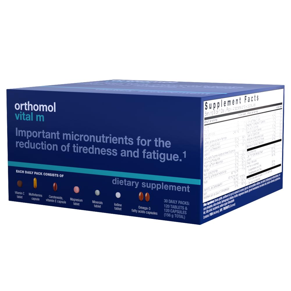 Orthomol Vital M Men's Multivitamin Supplement - 30-Day Supply with Vitamins A, B, C, D, E, K, Iodine & Omega-3 - Daily Immune Support & Energy Booster for Active Men