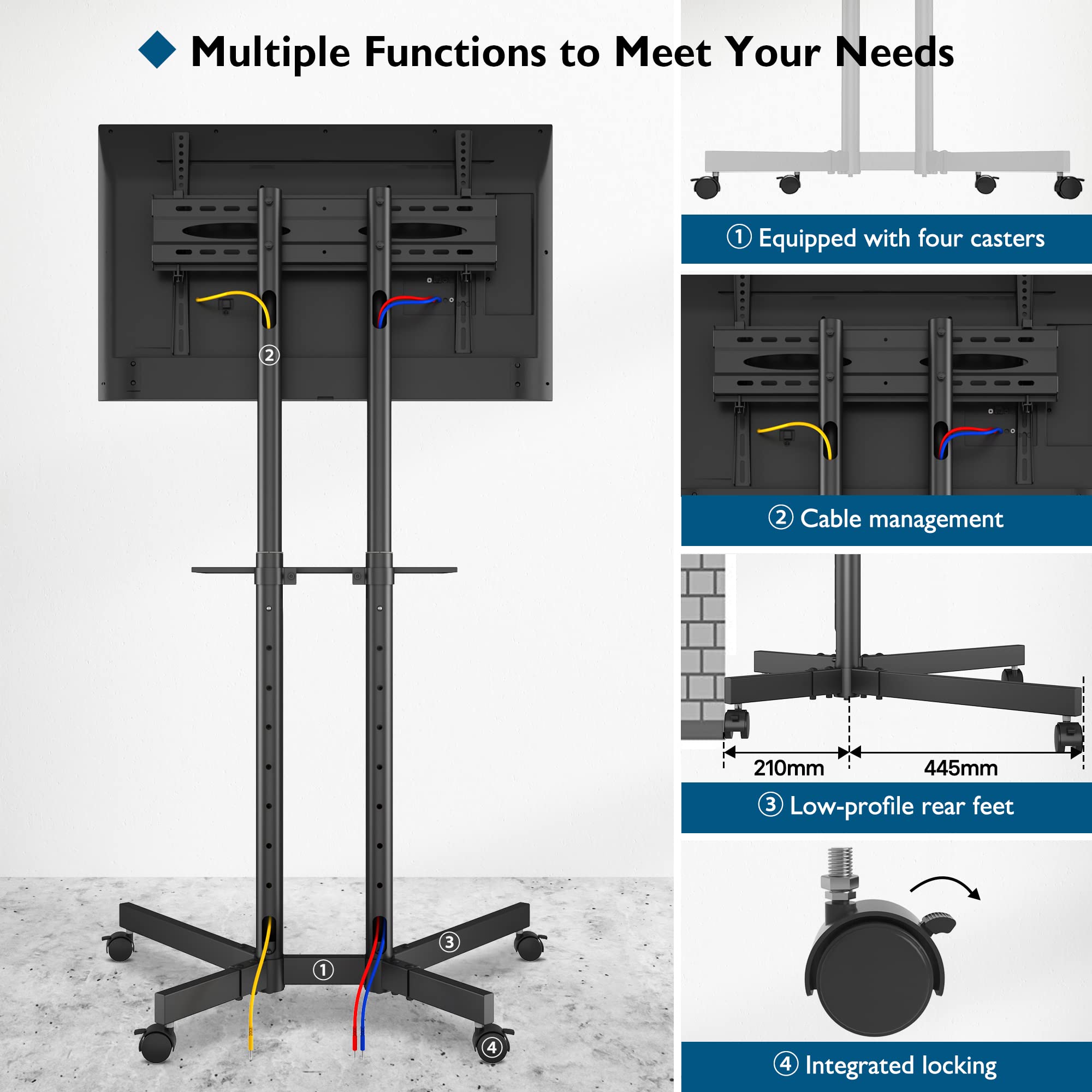 BONTEC Height Adjustable Mobile TV Stand with Wheels for 32-85 Inch TVs, Rolling TV Cart with Storage Shelf - Supports 60kg & VESA 600x400mm - Perfect for Living Rooms, Bedrooms & Home Theaters