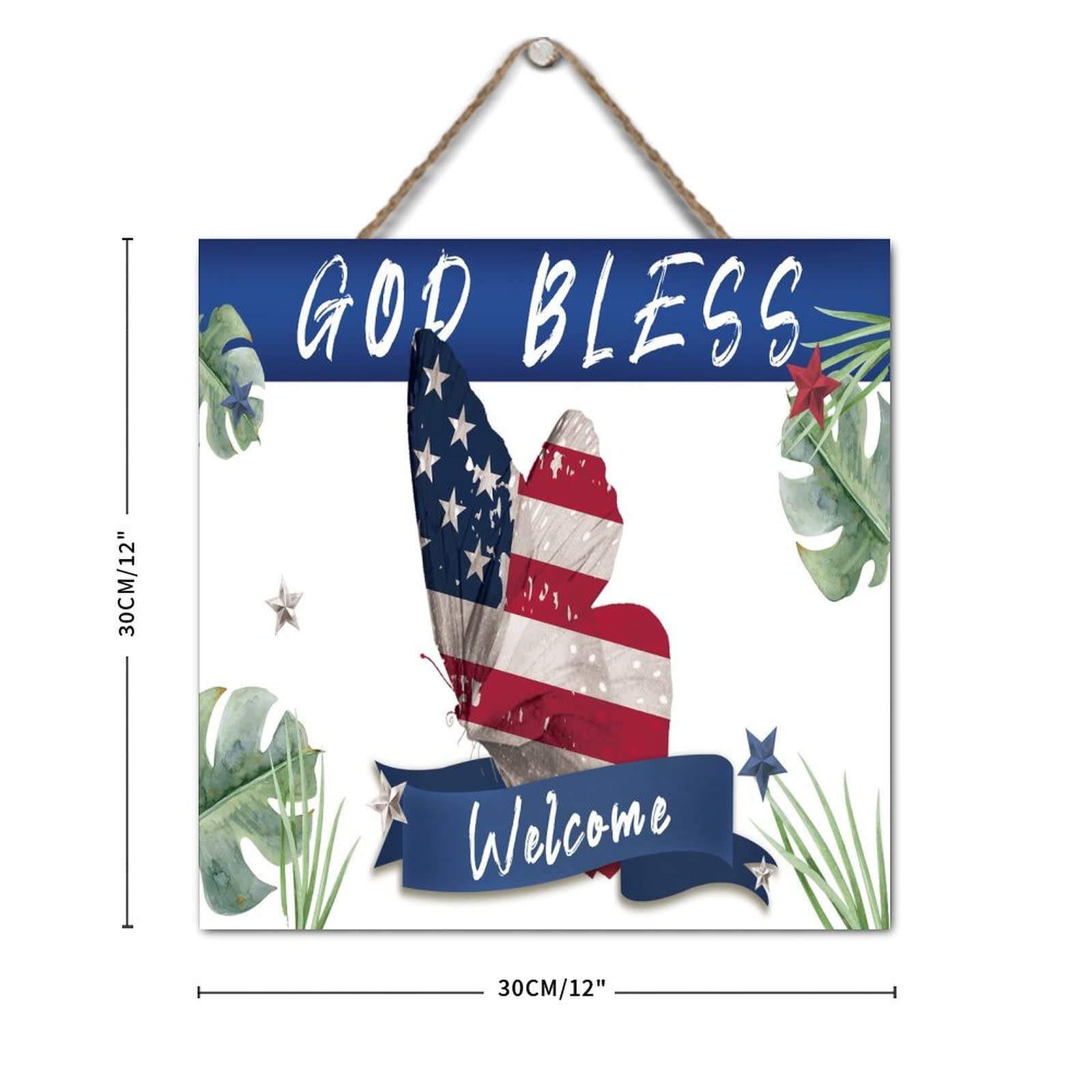 American Flag Wooden Plaque - Patriotic Butterfly Decor with 'God Bless America' Engraving | Rustic Farmhouse Wall Art, 4th of July Independence Day Gift | Perfect for Front Door Decor, Country Home, Barn Accent & Patriotic Holiday Displays