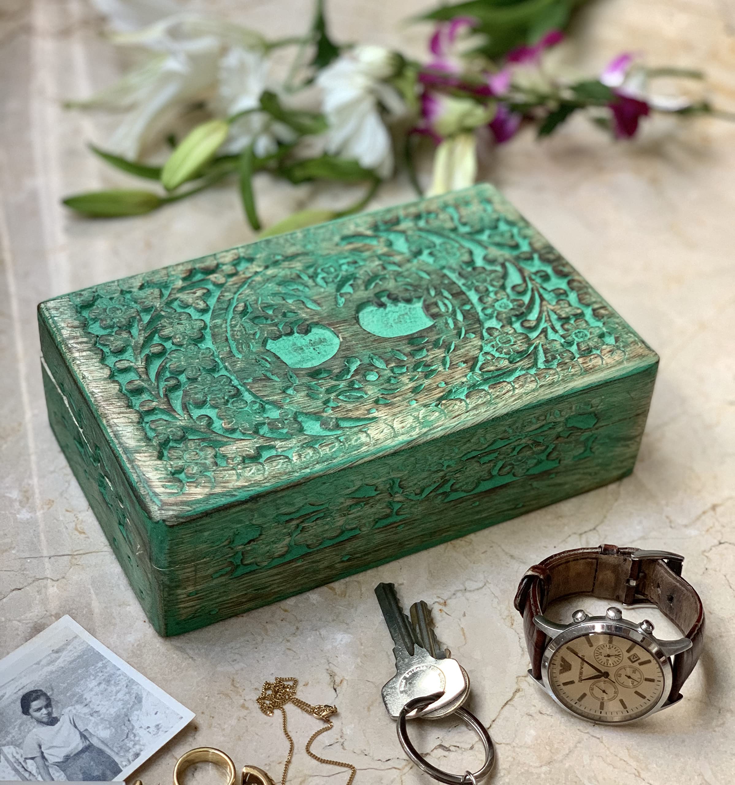Handmade Wooden Jewelry Box with Tree of Life Carving - Jewelry Organizer, Keepsake Box & Watch Storage - Perfect Birthday, Housewarming Gift & Home Decor (Green) - Ideal for Organizing Rings, Necklaces & Valuables in Bedroom or Dresser