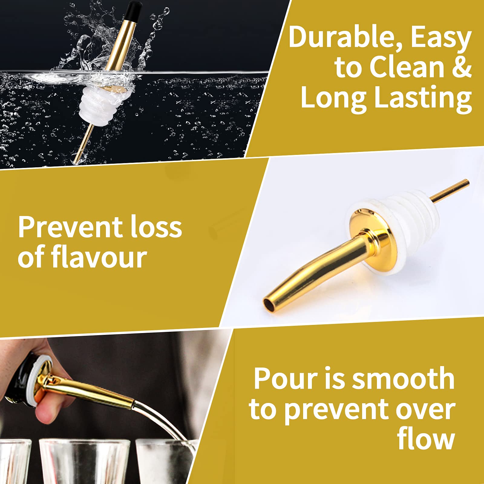 Premium Stainless Steel Liquor Bottle Pourers with Cleaning Brush - Rustproof Alcohol Pouring Spouts for Bars, Restaurants, Home Cocktail Making & Party Use (Gold)