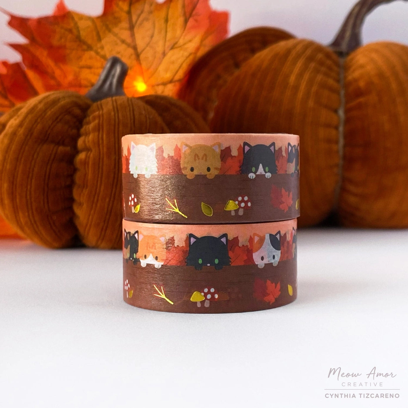 Autumn Woodland Cats Gold Foil Washi Tape - Decorative Japanese Paper Tape for Scrapbooking, Journaling, DIY Crafts, Gift Wrapping & Planner Decor