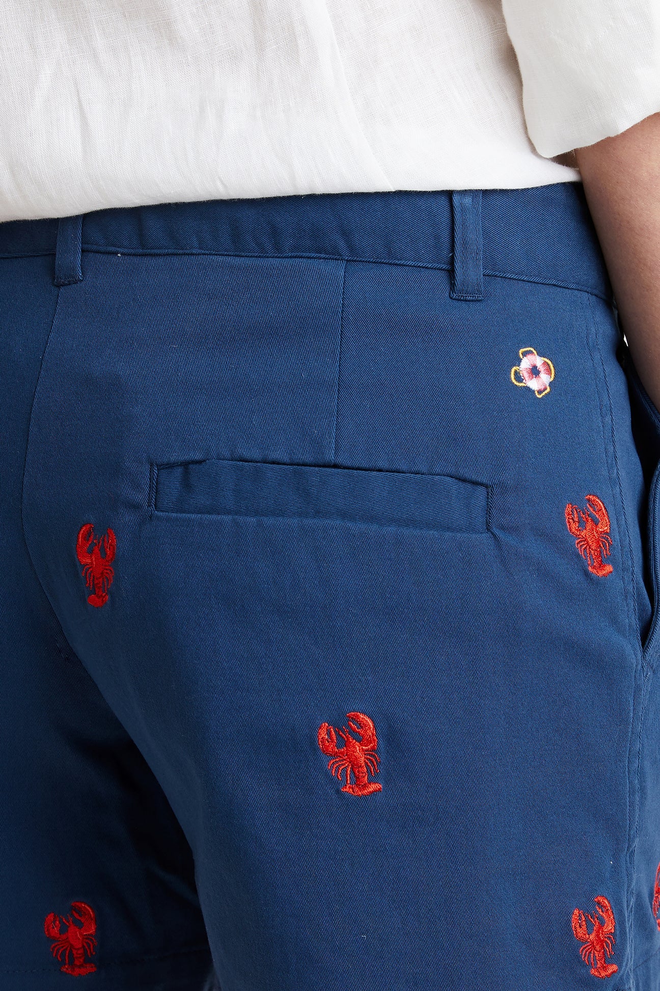 Stretch Twill Nautical Sailing Shorts for Men - Nantucket Navy Blue with Lobster Print - Perfect for Beach, Boating, and Summer Outdoor Activities