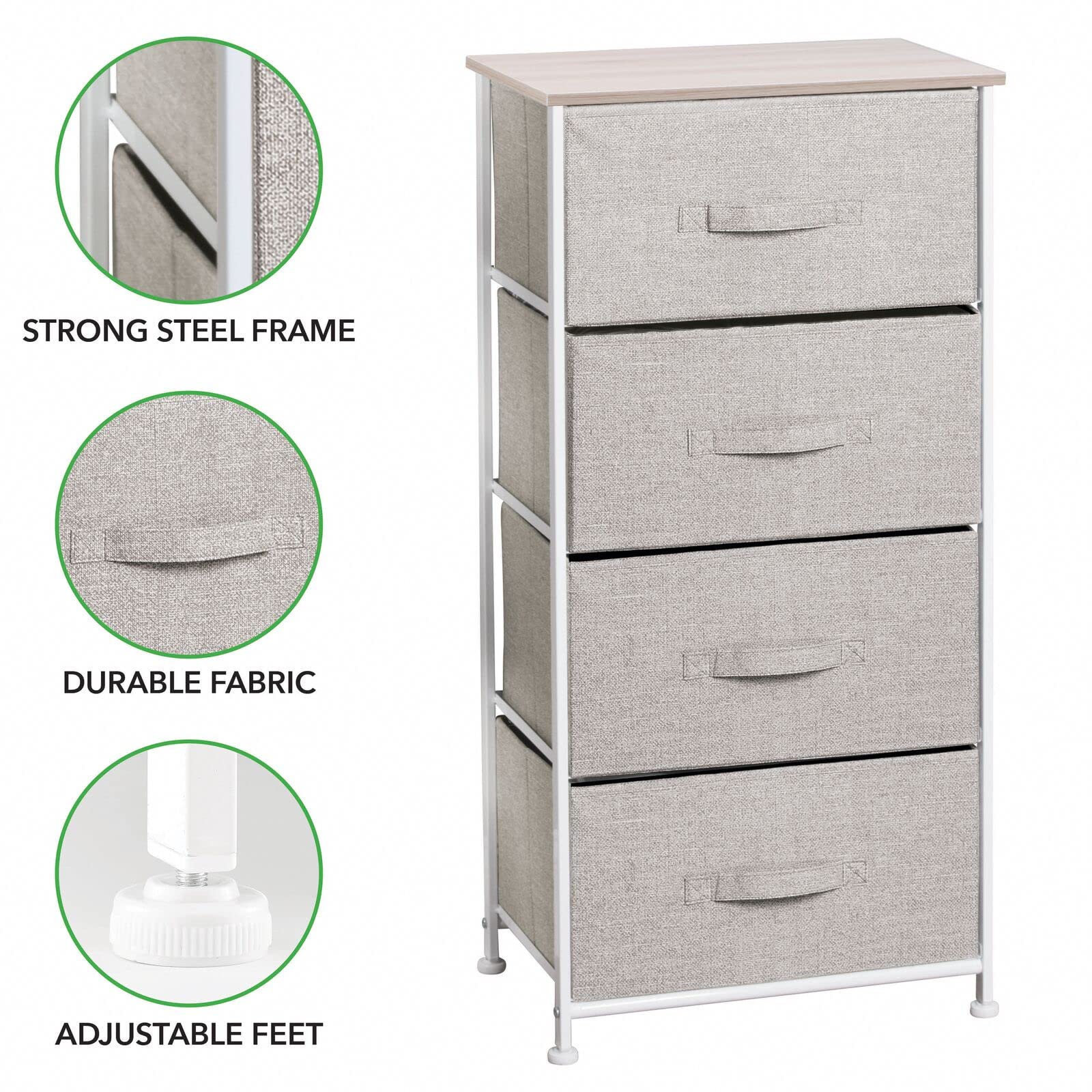 mDesign 4-Drawer Fabric Storage Tower Organizer - Steel Frame & Wood Top Dresser for Bedroom, Closet, Entryway - Lido Collection in Linen/Tan - Perfect for Clothing, Accessories & Home Organization