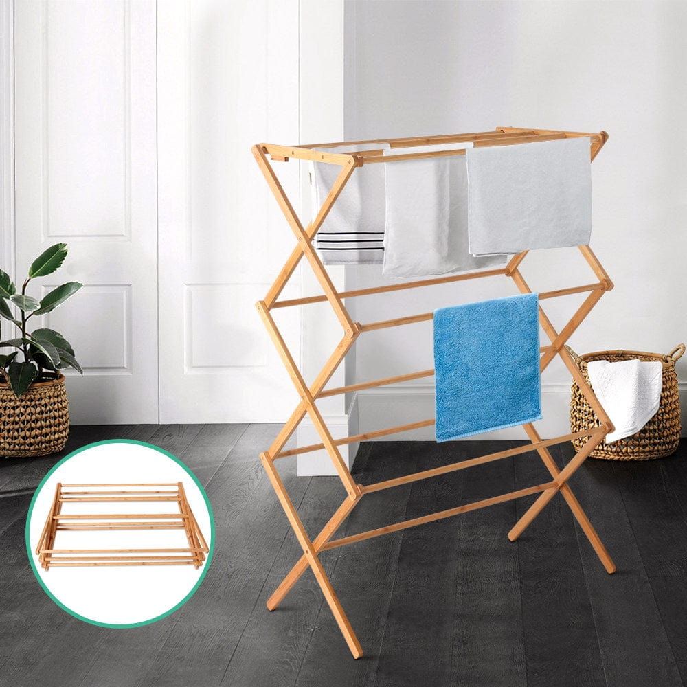 Artiss Foldable Bamboo Clothes Rack - Portable Laundry Drying Stand with Garment Hanger for Bedroom, Closet & Outdoor Use