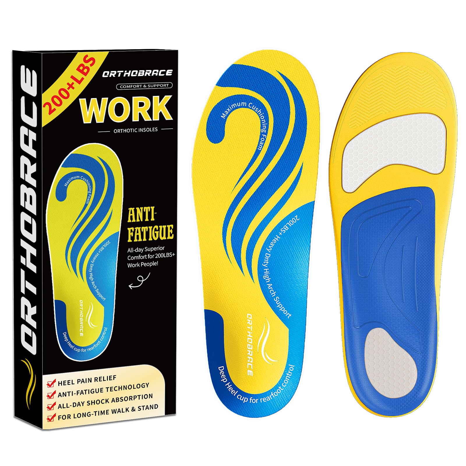 Heavy Duty Work Insoles for Men & Women - 200+ lbs Support, Medium & High Arch Inserts for All-Day Standing, Plantar Fasciitis & Foot Pain Relief, Anti-Fatigue Shoe Insoles for Work Boots - Perfect for Construction Workers, Nurses, and Retail Employees