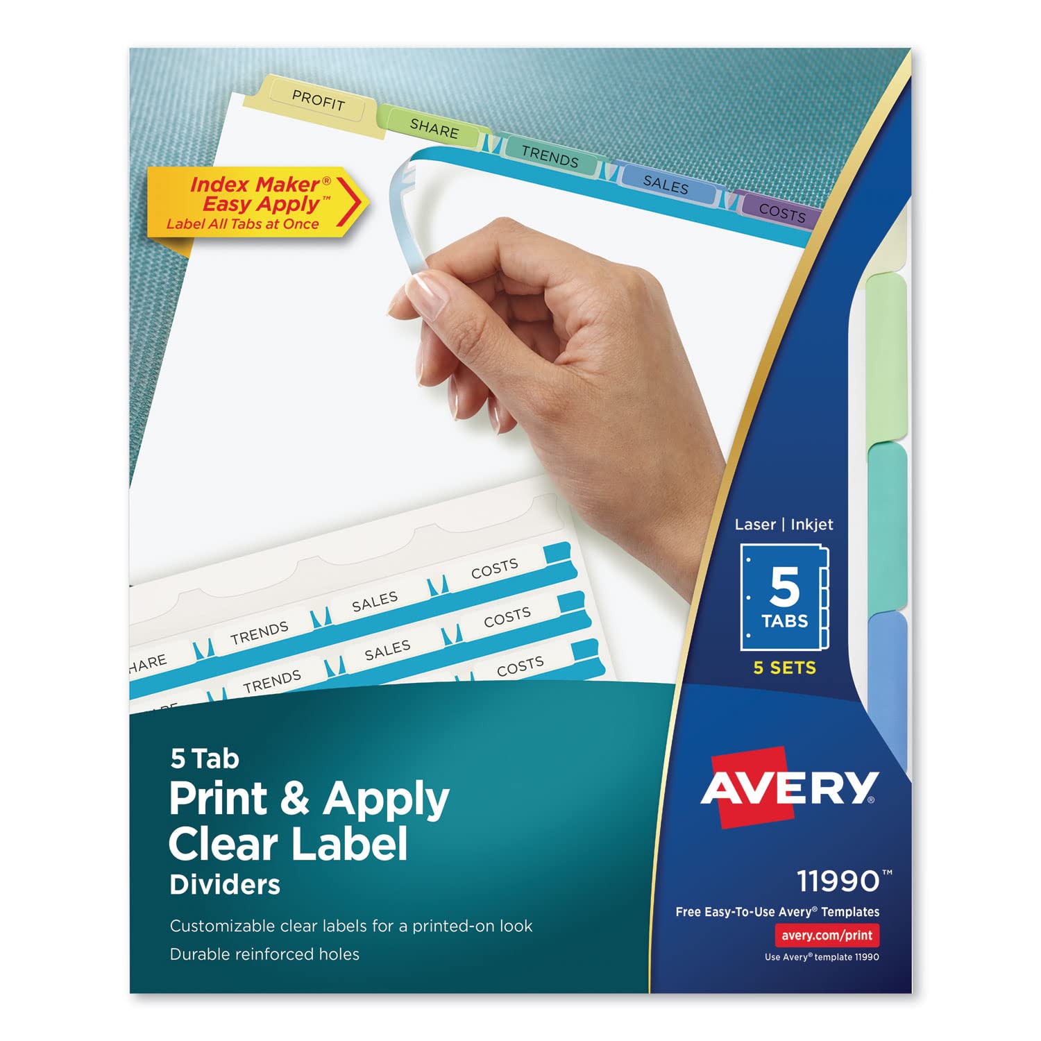 Print and Apply Index Maker Clear Label Dividers - 5 Color Tabs, Letter Size (5 Sets) for Office Organization, File Sorting & Document Management