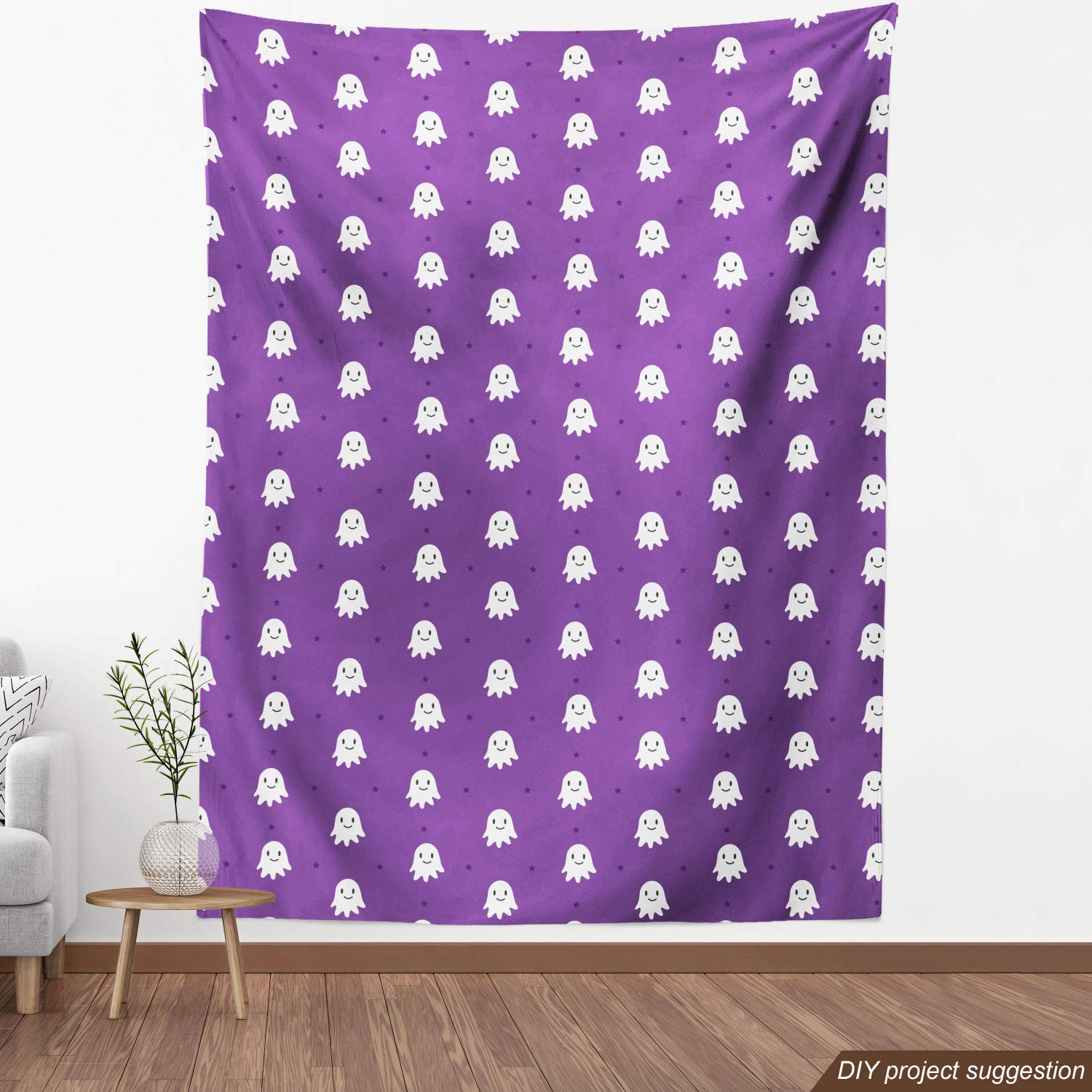 Ambesonne Halloween Fabric by The Yard - Spooky Ghost & Stars Print for Upholstery, DIY Crafts & Home Decor | 10 Yards Fuchsia & White | Perfect for Costumes, Table Runners & Party Decorations
