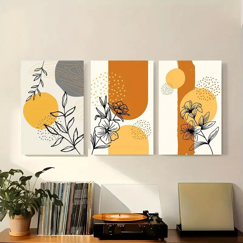 3-Piece Abstract Botanical Line Art Metal Prints with Geometric Shapes - Ready to Hang Wall Decor for Living Room, Bedroom & Office