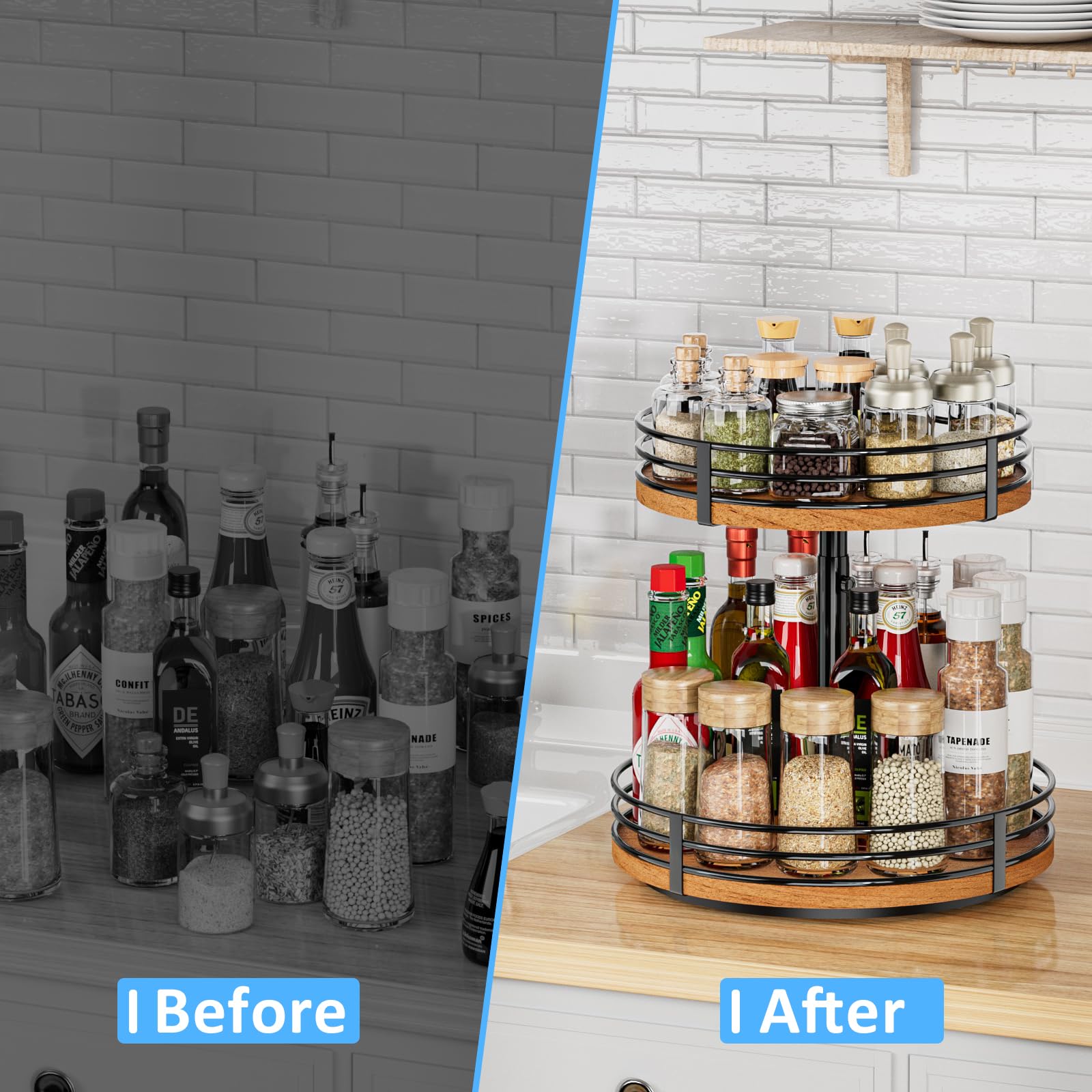 OVICAR 2-Tier Wooden Lazy Susan Turntable Organizer - 12 Inch Adjustable Rotating Spice Rack for Kitchen Countertop, Cabinet, Pantry, Coffee Bar & Bathroom Storage | Perfect for Organizing Spices, Makeup, or Office Supplies