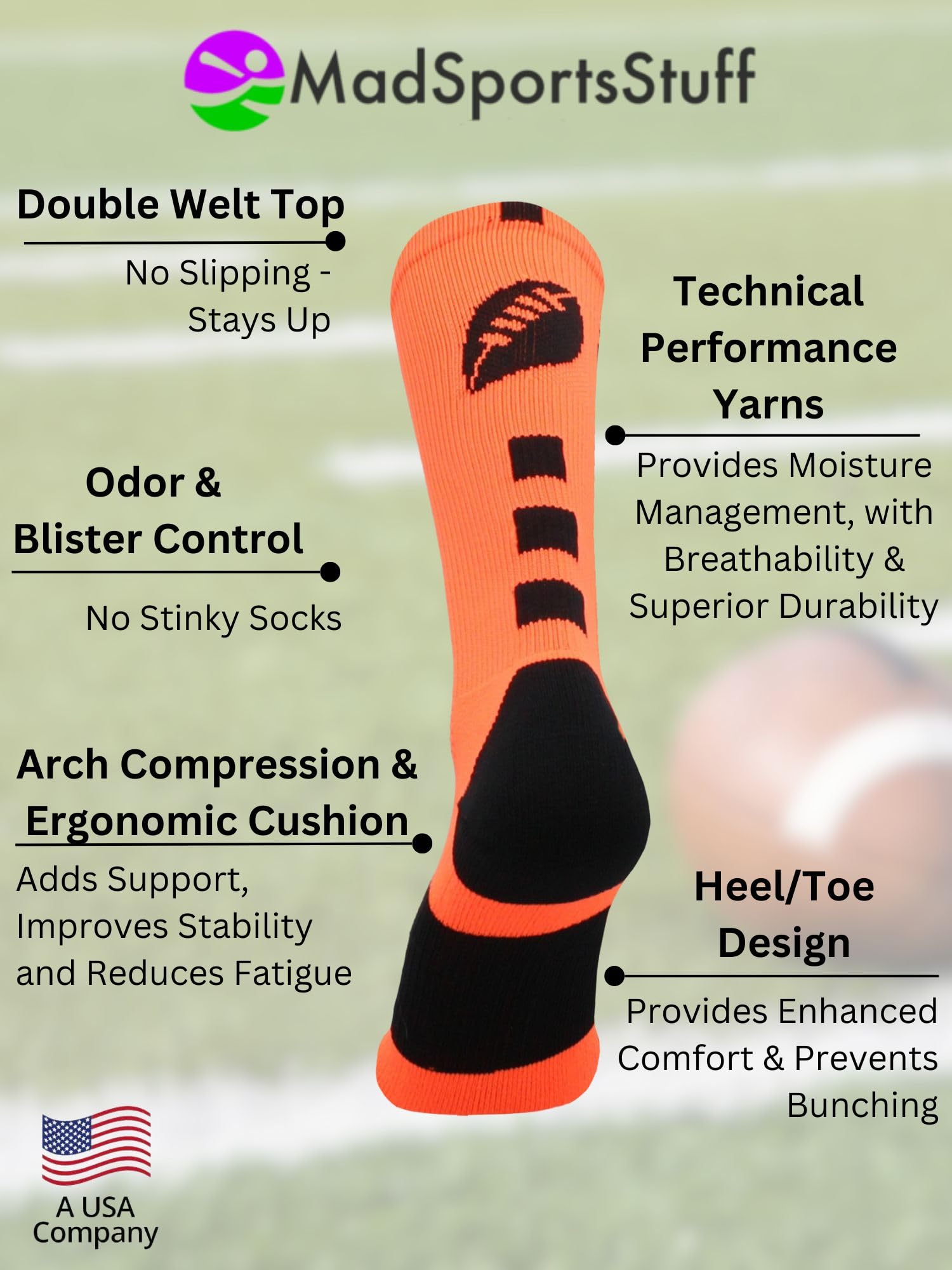 MadSportsStuff Youth Football Socks for Boys & Men - Breathable Athletic Crew Socks - Perfect for Football Games, Training & Sports Gifts