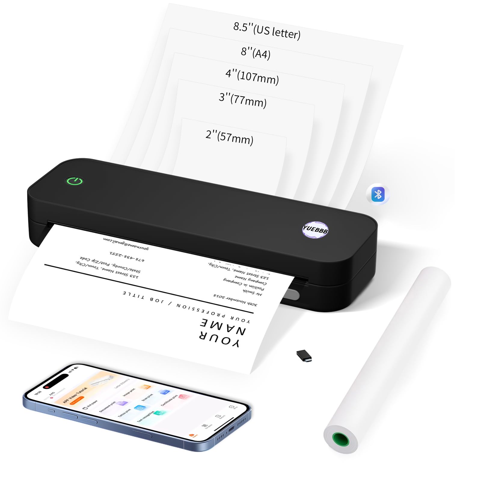 Wireless Portable Printer for Travel - Inkless Thermal Printer with A4, A5 & 8.5x11 Paper Support - Compatible with iOS, Android, Windows (Black) - Perfect for Office Work, Home Printing, School Projects & On-the-Go Documents