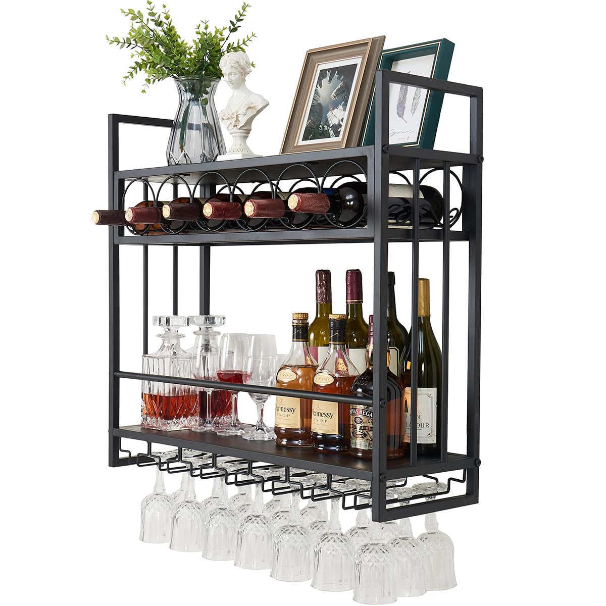 Wall Mounted Wine Rack with Glass Holder - Floating Metal Liquor Shelf for Wine Bottle Storage & Display - Black Bar Decor for Kitchen, Dining Room or Home Bar