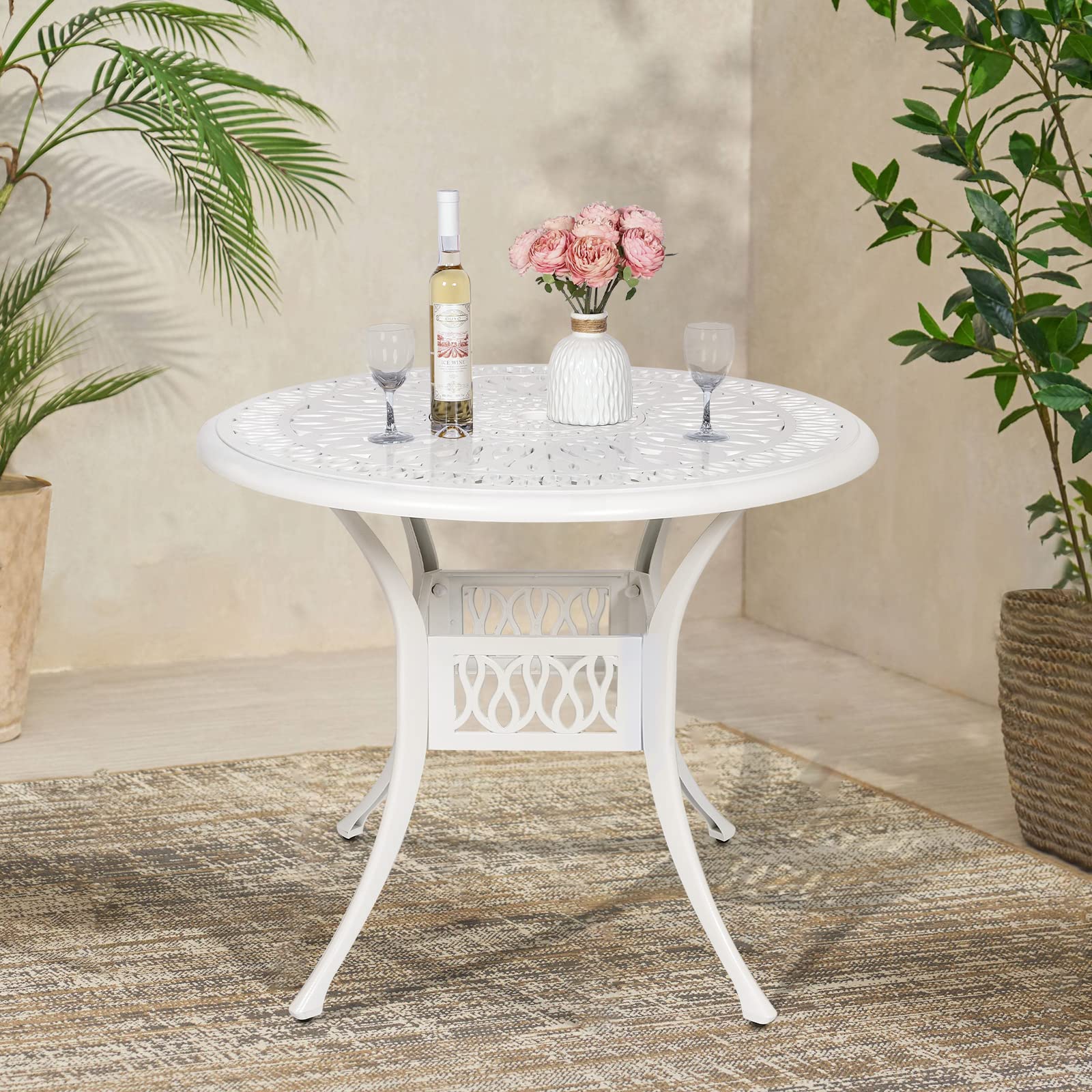 VIVIJASON 35.4 Inch Round Outdoor Patio Dining Table - White Rustic Cast Aluminum with Umbrella Hole - Perfect for Backyard, Garden, Poolside & Outdoor Entertaining