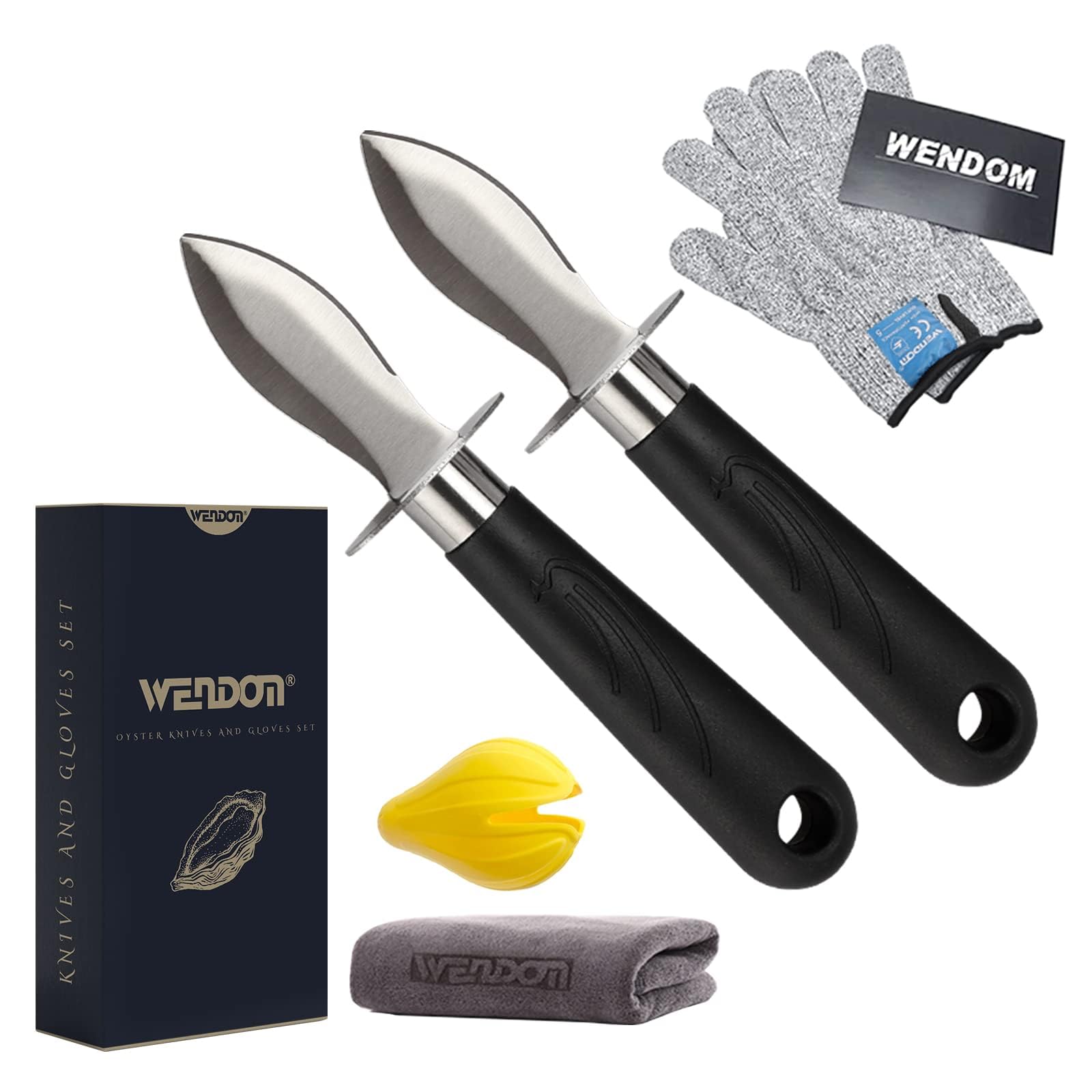 Premium Oyster Shucking Kit - 2 Stainless Steel Oyster Knives, 2 Cut-Resistant Level 5 Gloves & Cleaning Cloth - Professional Seafood Opener Set for Home & Restaurant Use - Perfect Gift for Seafood Lovers