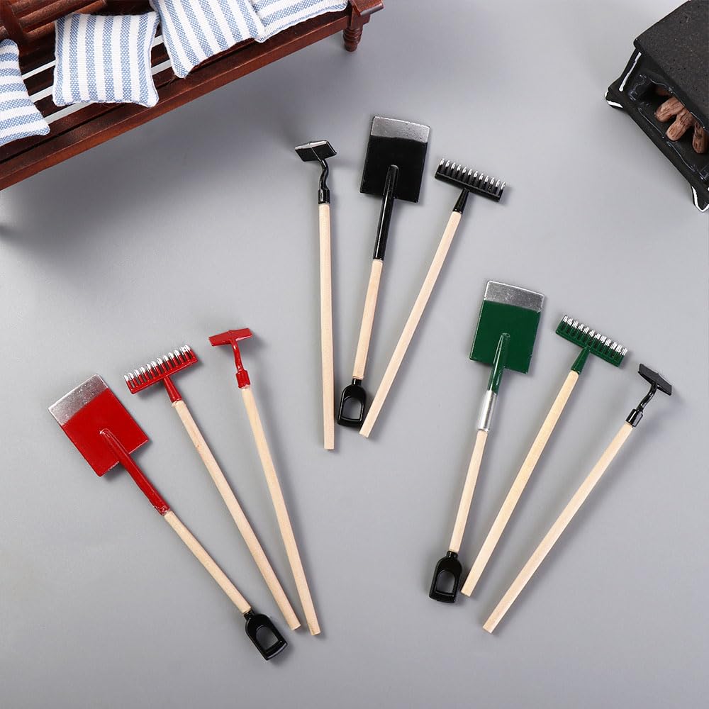 1:12 Scale Miniature Shovel & Hoe Set - Black Fairy Garden Decor, Tiny Farming Tools for Miniature Gardens & Dioramas - Perfect for Fairy Houses, Terrariums & DIY Craft Projects