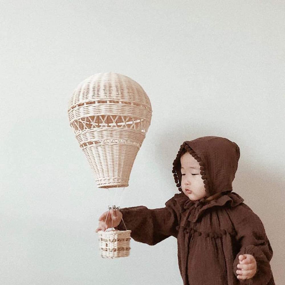 Hand Woven Rattan Hanging Hot Air Balloon Nursery Decor - Boho Chic Baby Room Hanging Mobile, Gender Neutral Nursery Wall Art for Boys & Girls - Perfect for Baby Showers, Birthday Gifts & Kids Bedroom Decor