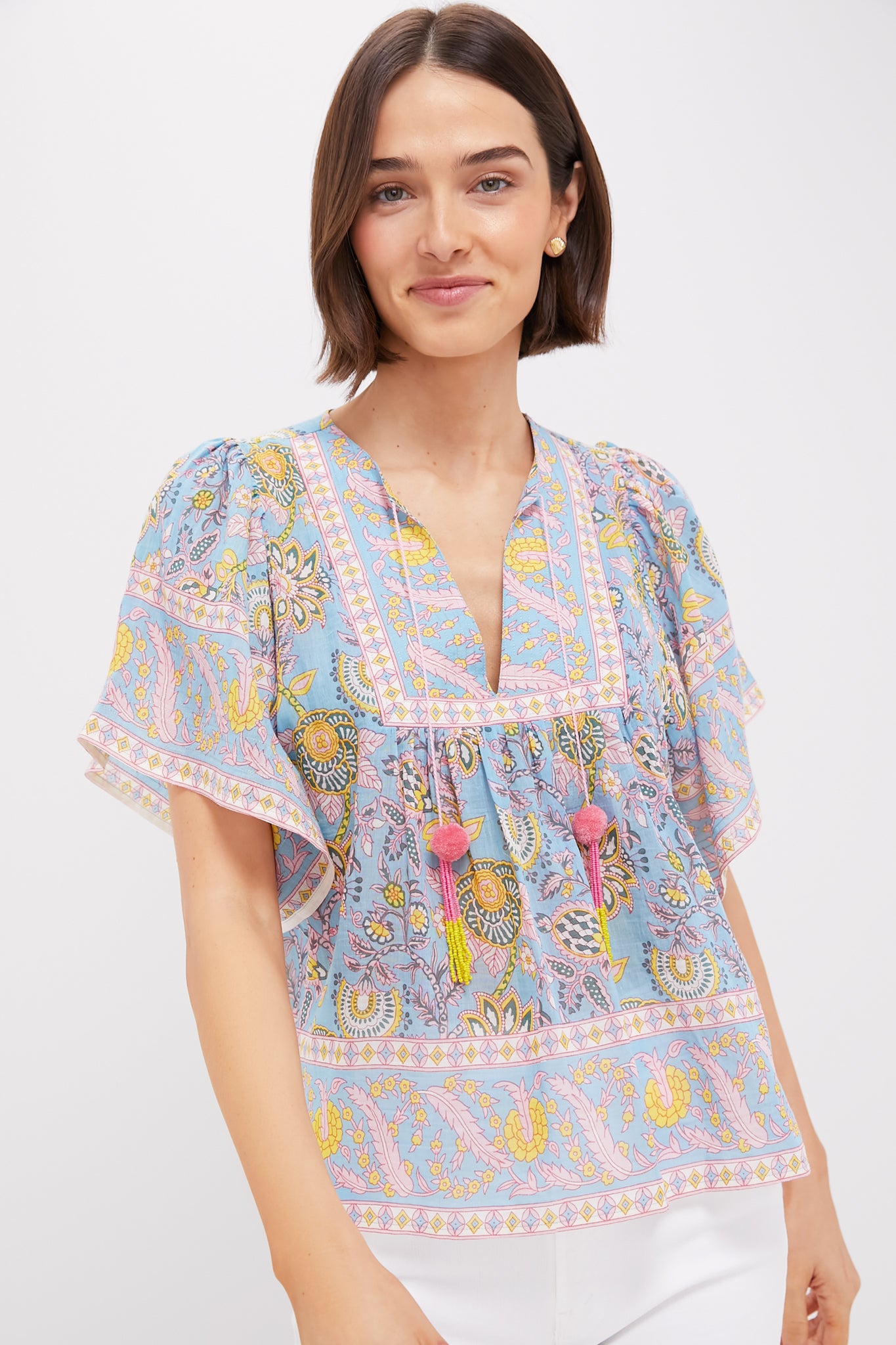 Blue and Yellow Printed Angel Top - Stylish Women's Blouse for Casual Wear, Parties & Special Occasions
