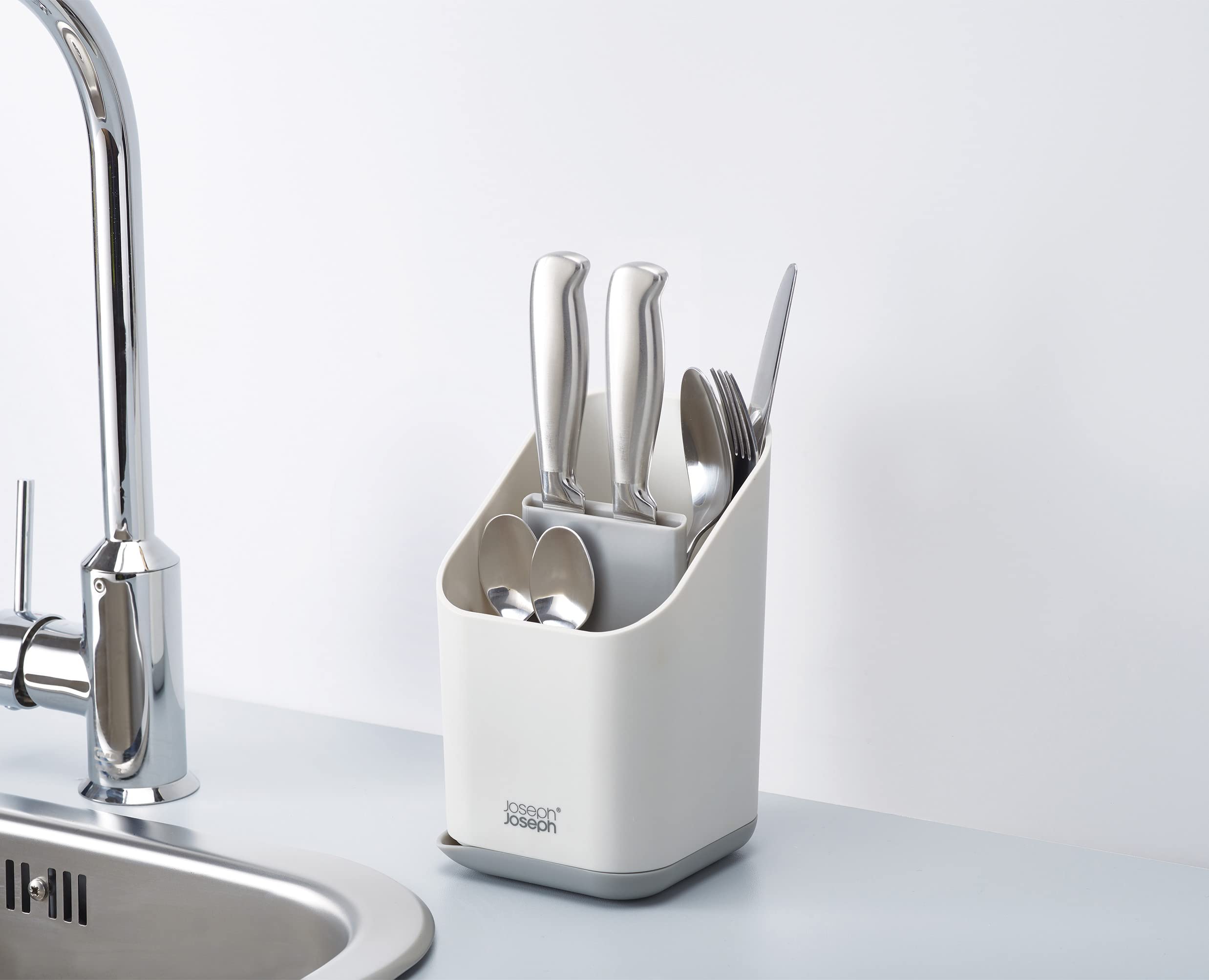 Joseph Joseph Duo Kitchen Sink Cutlery Drainer with Knife Slot - Space-Saving Sink Drying Rack & Utensil Organizer in Grey - Perfect for Small Kitchens & Dish Drying Organization