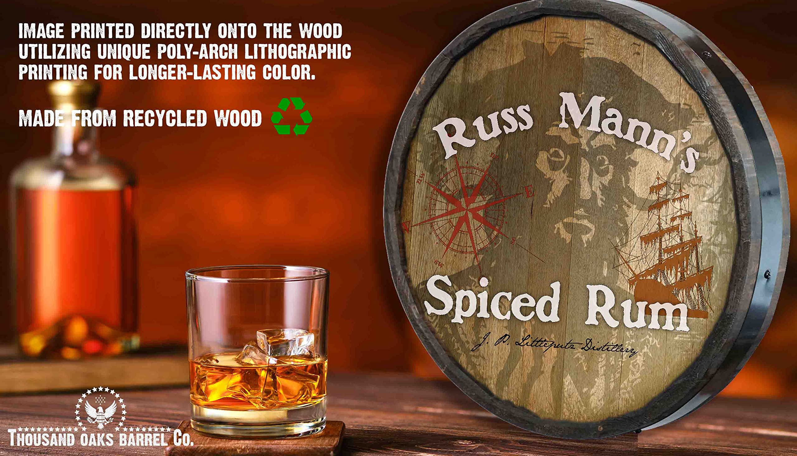 Personalized 21-Inch Whiskey Barrel Head Sign by Thousand Oaks Barrel Co. - Custom Wooden Home Bar Decor for Man Cave, Kitchen, Office - Pirate Theme Wine Barrel Lid Wall Art (C7) - Perfect for Rustic Home Decor, Whiskey Lover Gifts & Western Style Interior Design