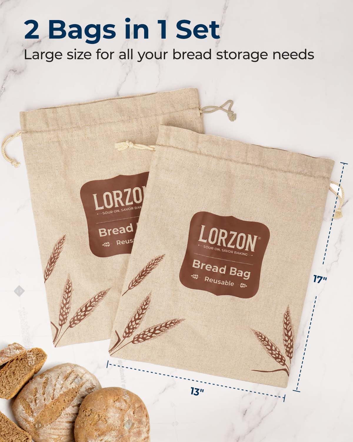 Reusable Bread Bags for Homemade Sourdough & Artisan Bread - Large Linen Bread Storage Bags with TPU Lining (2 Pack) - Perfect for Fresh Bread, Bakery Gifts & Eco-Friendly Kitchen Storage