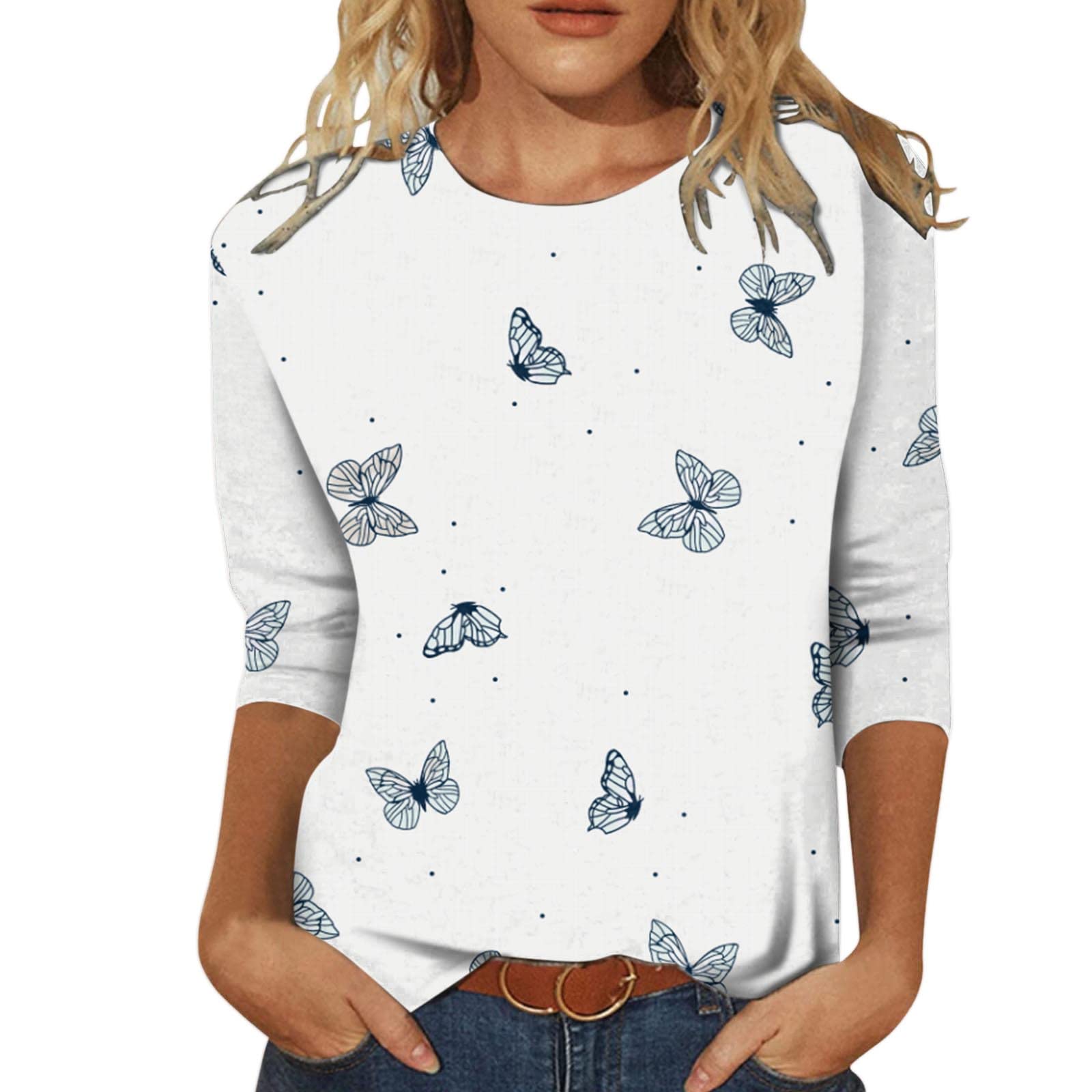 Trendy Women's 3/4 Sleeve Butterfly Print Crewneck T-Shirt - Casual & Dressy Top for Everyday Wear, Office, and Weekend Outings
