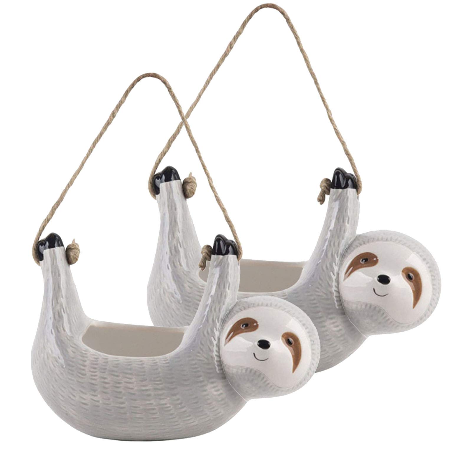 SilverFever Sloth Hanging Planter - Ceramic Succulent & Flower Pot for Indoor/Outdoor Use | Grey Animal Planter for Home Decor, Garden, Patio & Balcony
