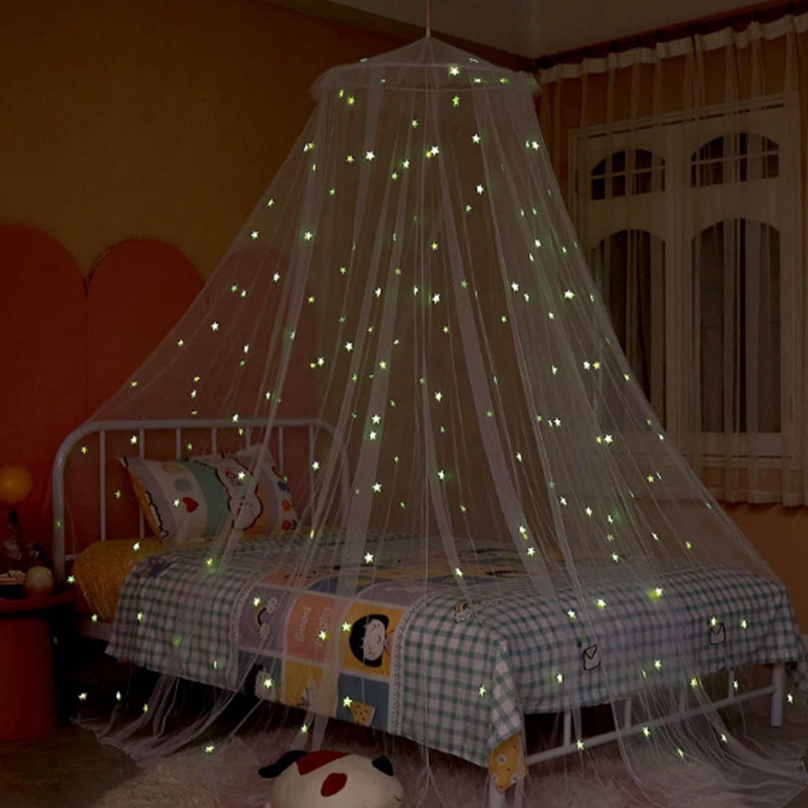 Princess Bed Canopy with Fluorescent Stars - Round Dome Bed Curtain Net for Twin, Full, Queen & King Size Beds in Blue | Perfect for Girls' Bedroom Decor & Fantasy Sleep Space