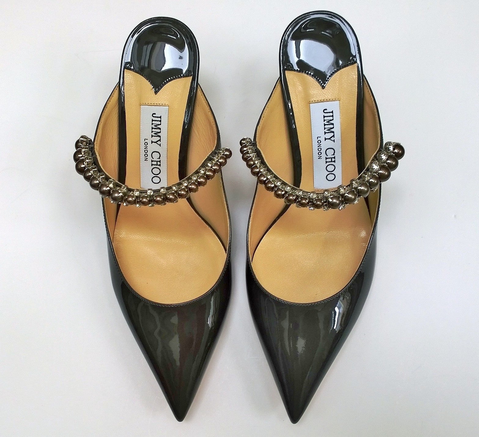 Jimmy Choo Bing 65mm Patent Leather Heels - Grey with Pearl & Rhinestone Band - Perfect for Weddings, Parties & Evening Events