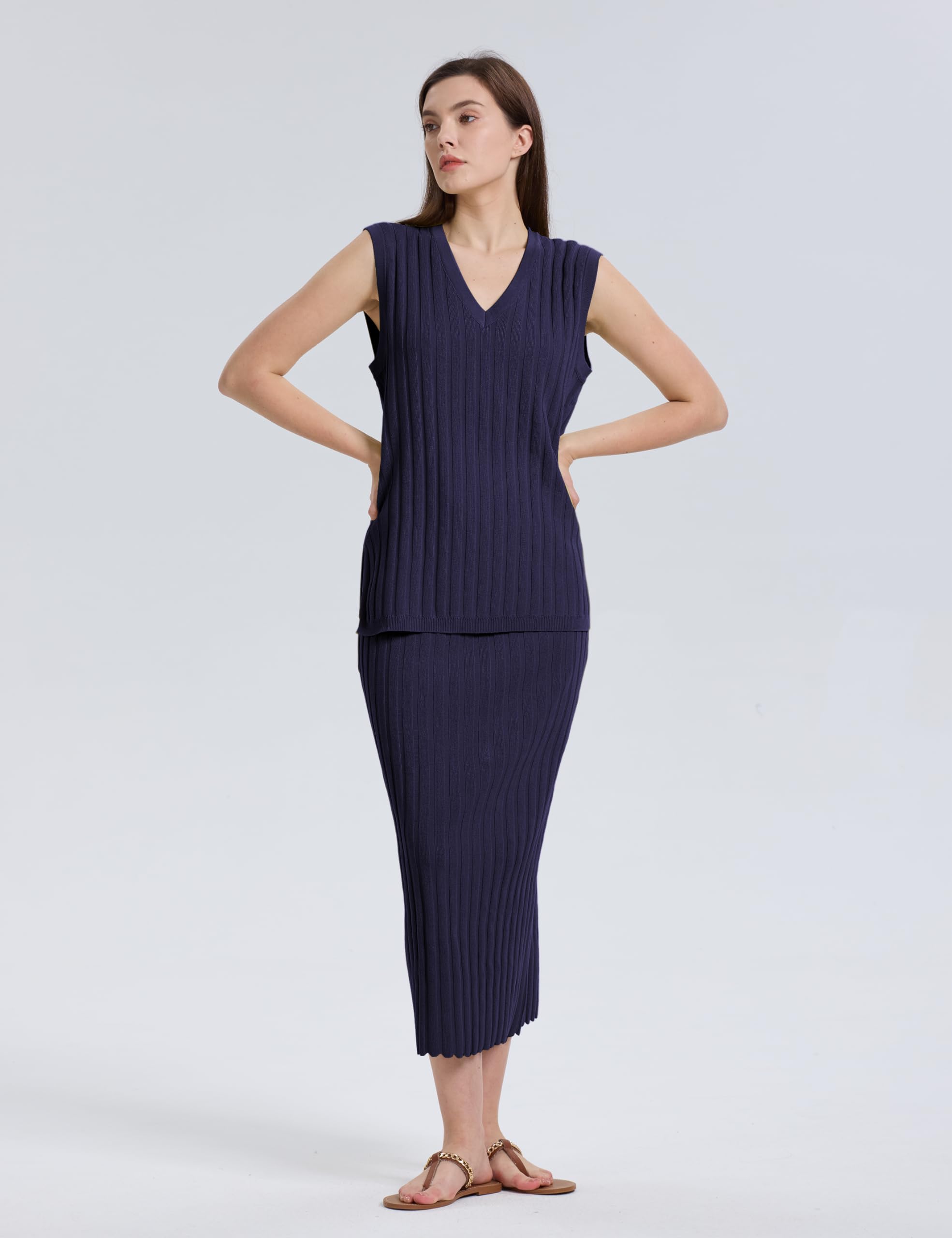 Women's 2-Piece Outfit - Sleeveless V-Neck Knit Vest & High Waisted Skirt Set | Summer Casual Wear, Office Outfits, Date Night & Vacation Outfits