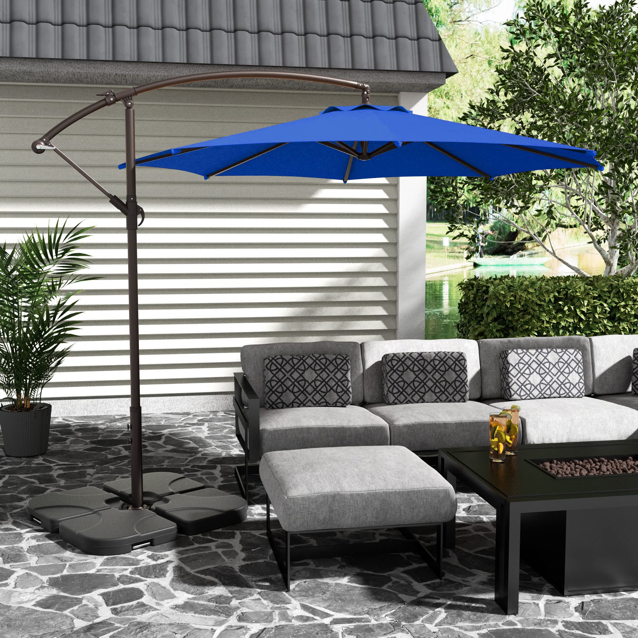 10ft Outdoor Patio Cantilever Umbrella with Stand - 2 Piece Hanging Shade Kit for Backyard, Poolside & Garden - WO Home Furniture