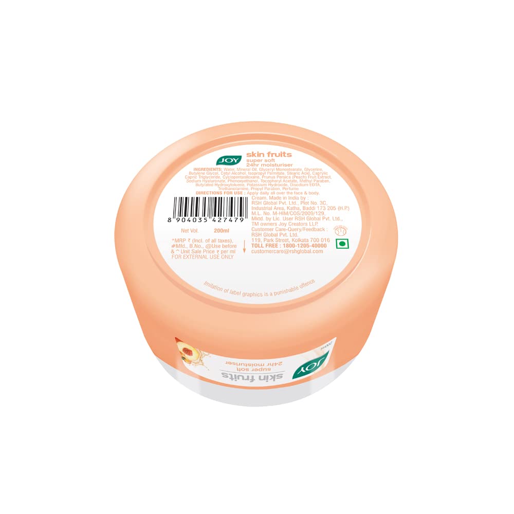 Joy Skin Fruits Super Soft Moisturizer with Peach & Hyaluronic Acid (200ml) - 24H Hydrating Face, Hands & Body Cream | Oil-Free, Non-Greasy Formula for Soft, Smooth Skin | Perfect for Dry Skin Care, Night Routine & Daily Hydration