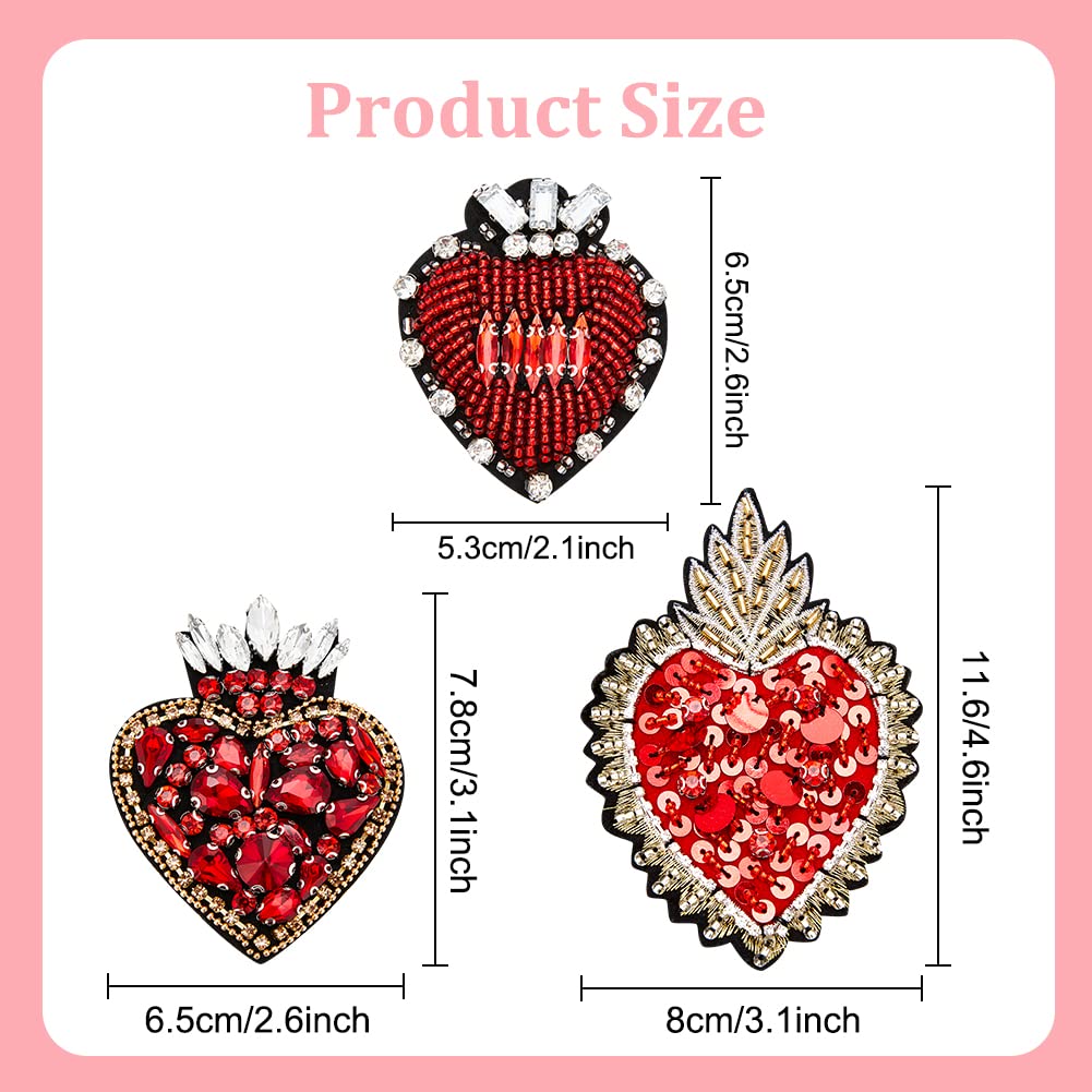 INFUNLY 3pcs Heart Rhinestone Bead Patch - Red Crystal Sew On DIY Decorative Patches for Dress, Jeans, Jackets & Handbags - Handmade Bling Applique for Fashion & Craft Projects