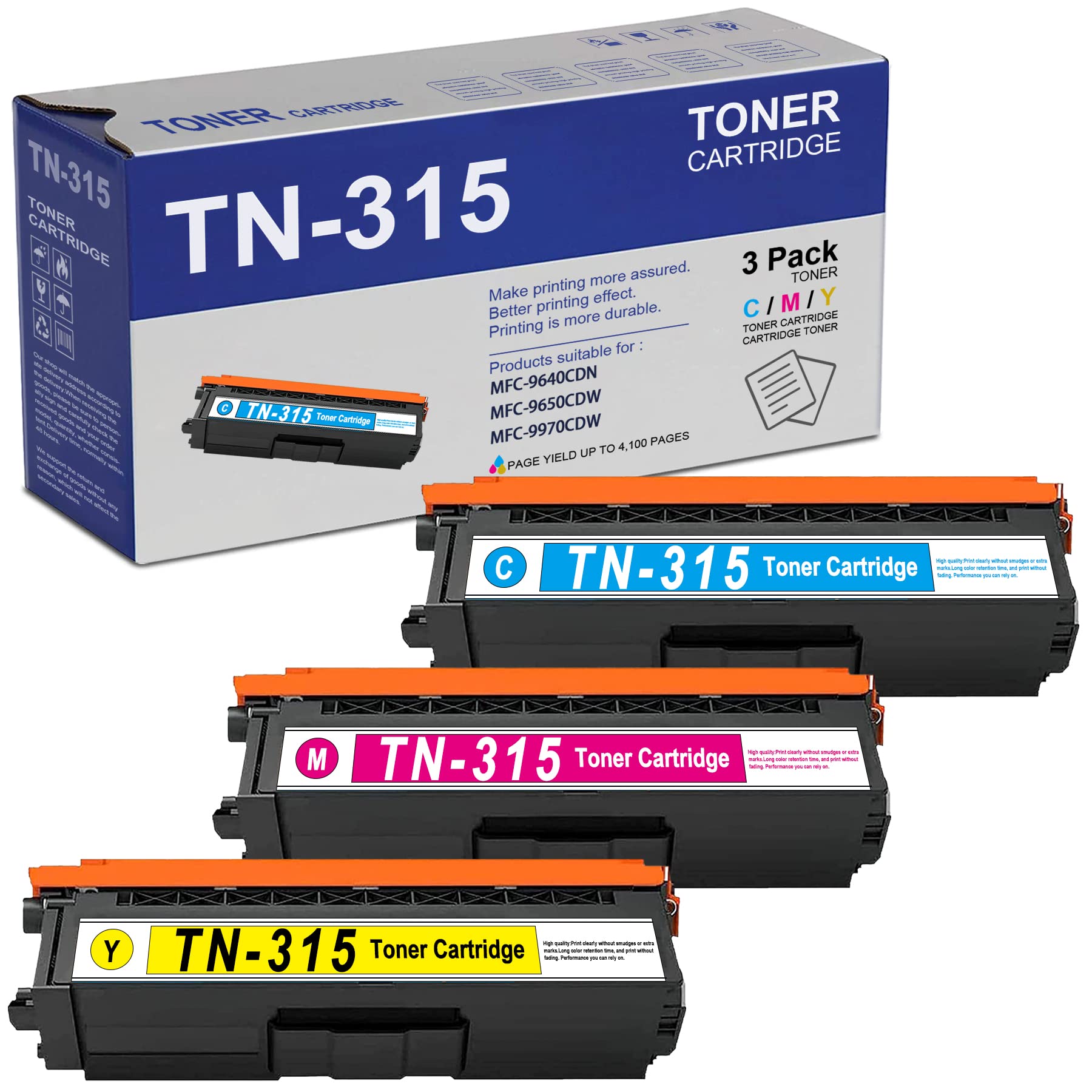 GULOYA TN315 TN-315 Compatible Toner Cartridge Replacement (3-Pack) for Brother HL-4150CDN HL-4140CW HL-4570CDW HL-4570CDWT MFC-9640CDN MFC-9650CDW MFC-9970CDW Printers - 1 Cyan, 1 Magenta, 1 Yellow | Ideal for Office & Home Printing, High-Quality Color Documents & Photos