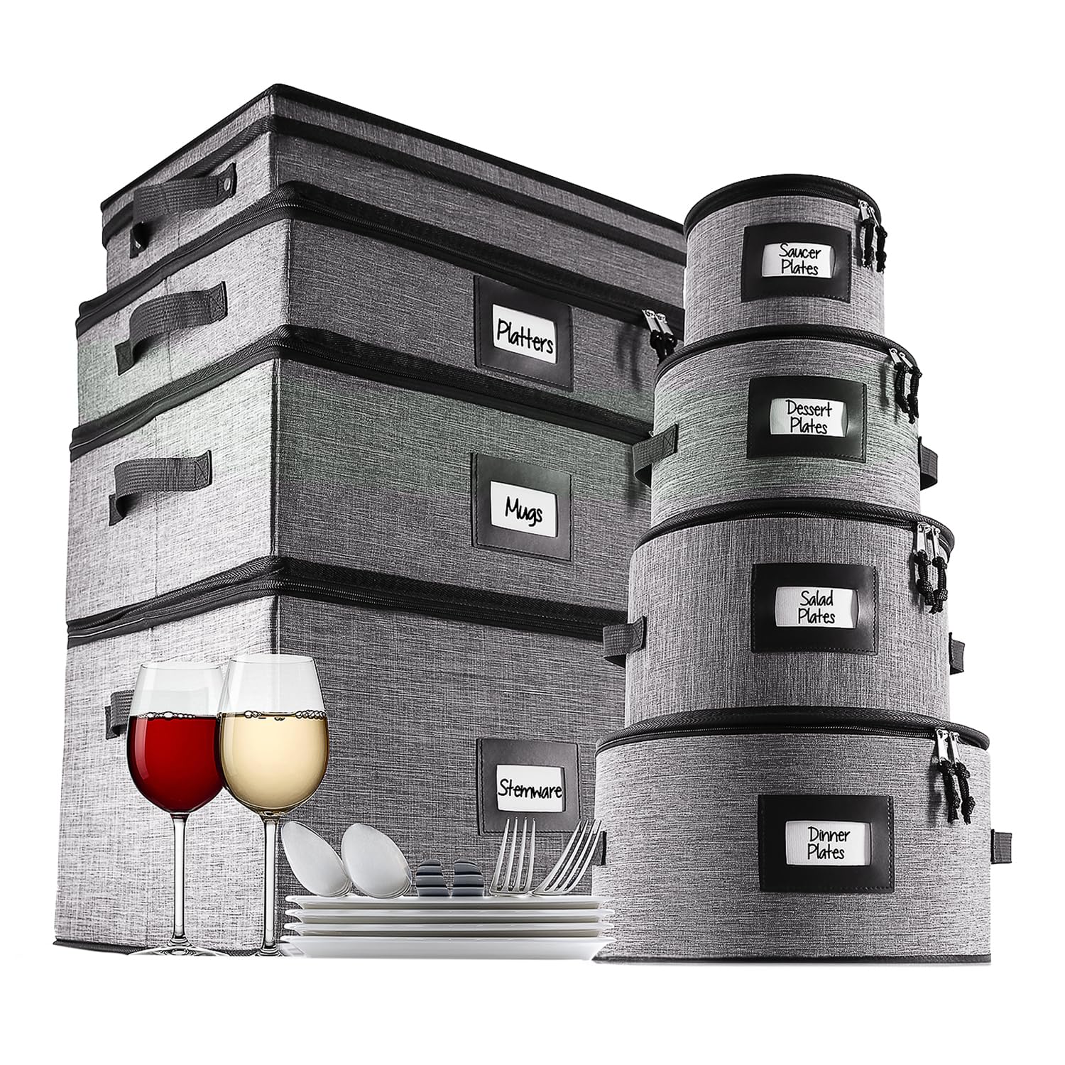 Premium Hard Shell Fine China Storage Containers - 8-Piece Set with Dividers for Plates, Flatware, Mugs, Platters & Wine Glasses | Durable Dishware Organizer for Kitchen, Dining Room & Special Occasions