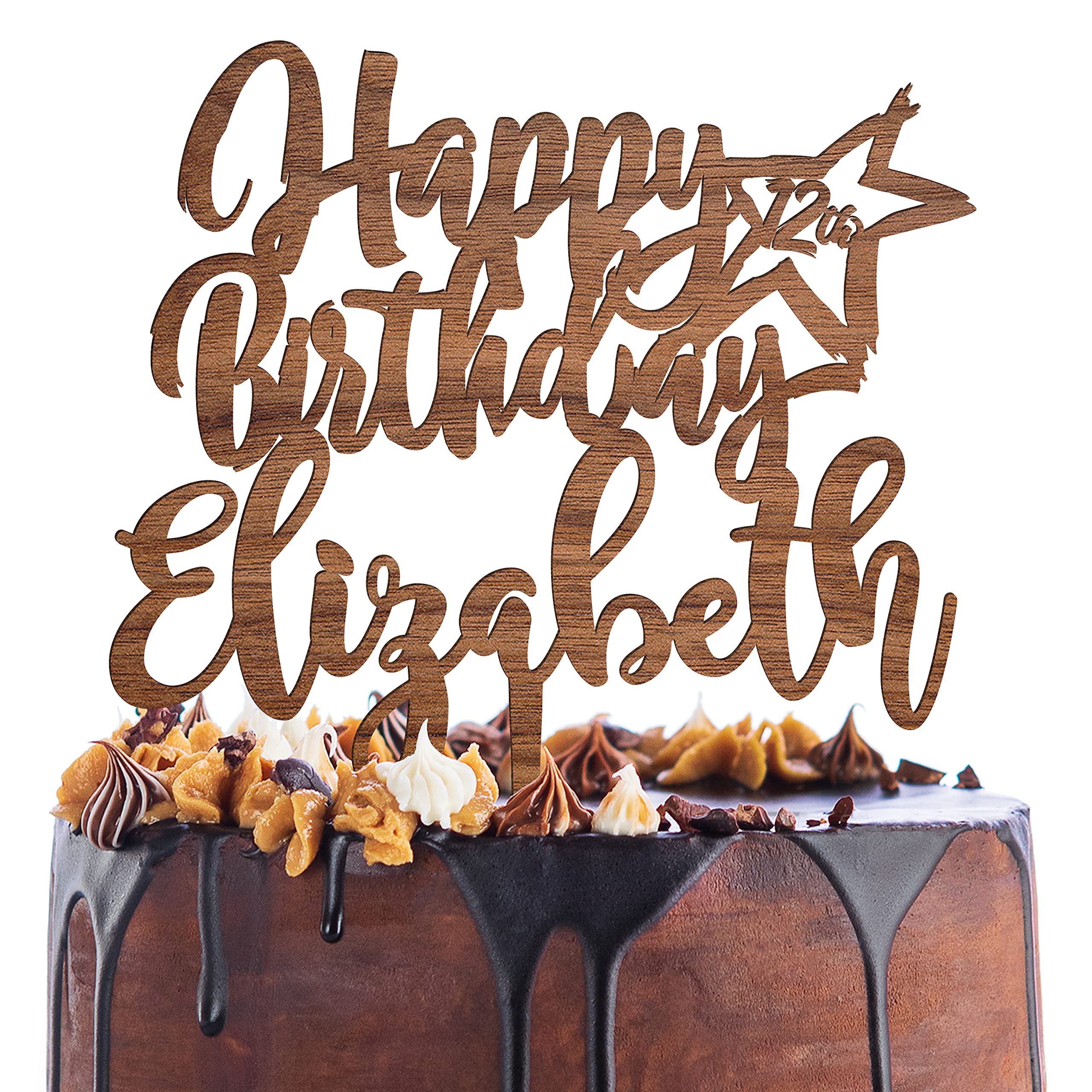 Custom Happy Birthday Cake Topper with Name & Star - Personalized Wooden Cake Decorations for Birthday Parties - 3 Wooden Design Options - Perfect for Wedding, Baby Shower & Anniversary Celebrations