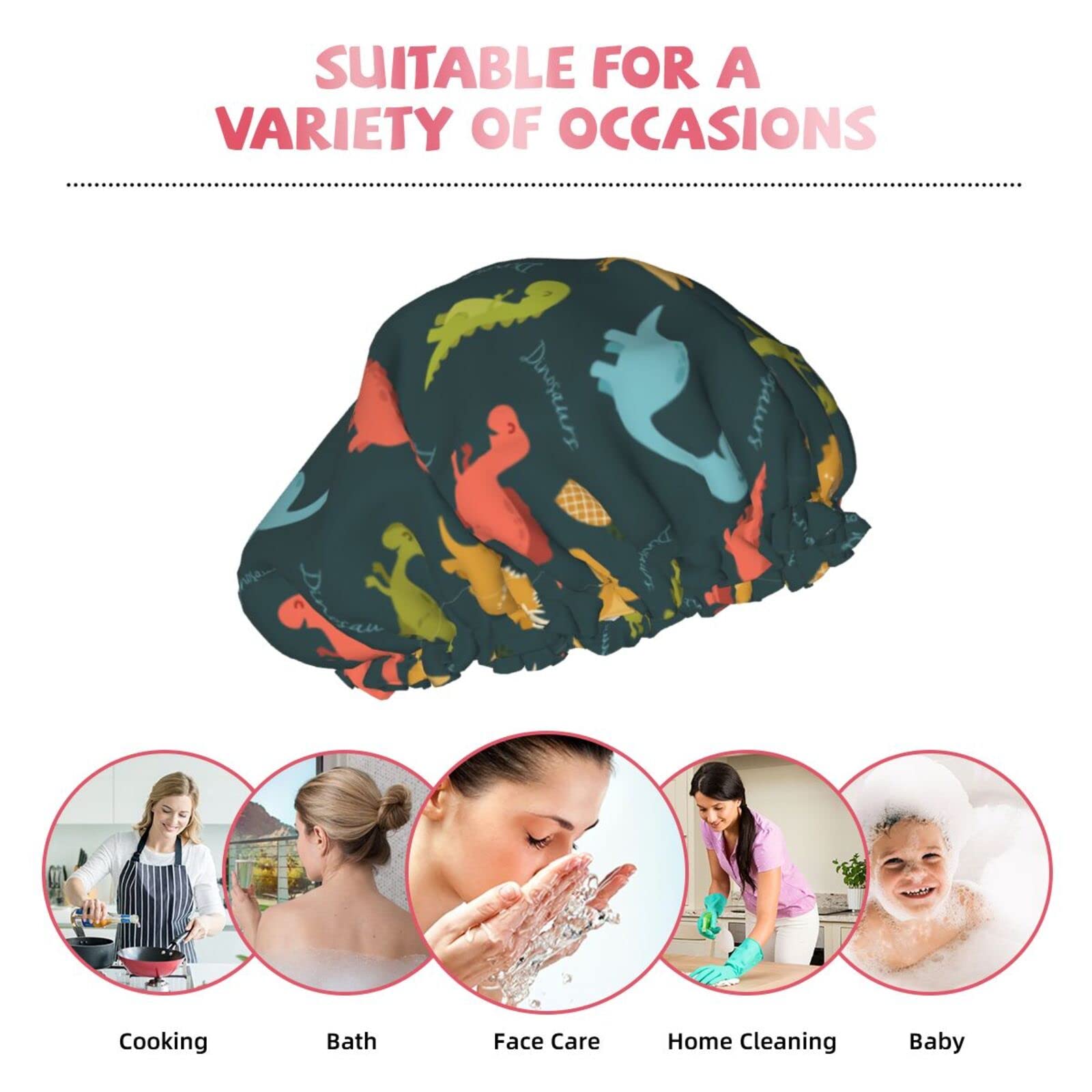 Dinosaur Pine Egg Shower Cap for Women & Kids - Reusable Long Hair Shower Hat with Elastic Band, Double Layer Bathing Cap for Adults & Children - Perfect for Bathing, Swimming & Spa Days