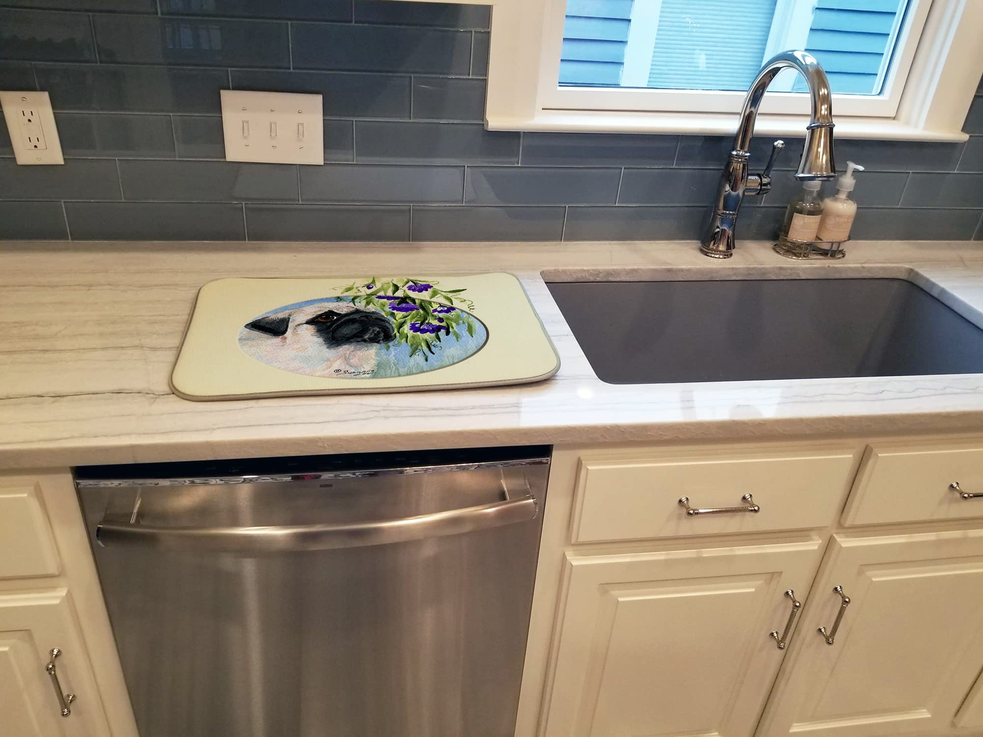 Pug Themed Absorbent Dish Drying Mat - 14x21 Inch Colorful Kitchen Counter Pad | Durable Countertop Drainer for Dishes, Utensils & Cookware | Perfect for Pet Lovers' Kitchens