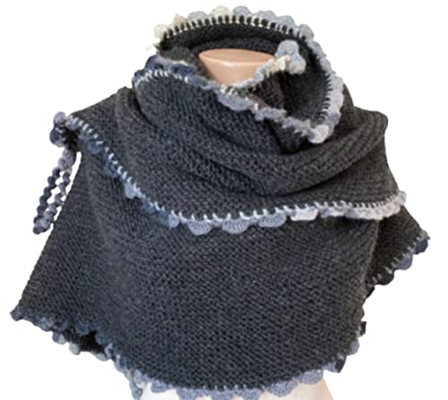 Hand Knit Grey Wool Triangle Shawl Scarf with Crocheted Edge & Spiral Fringe - Anthracite Gray Tones for Women - Perfect for Winter Fashion, Outdoor Activities & Gift Giving