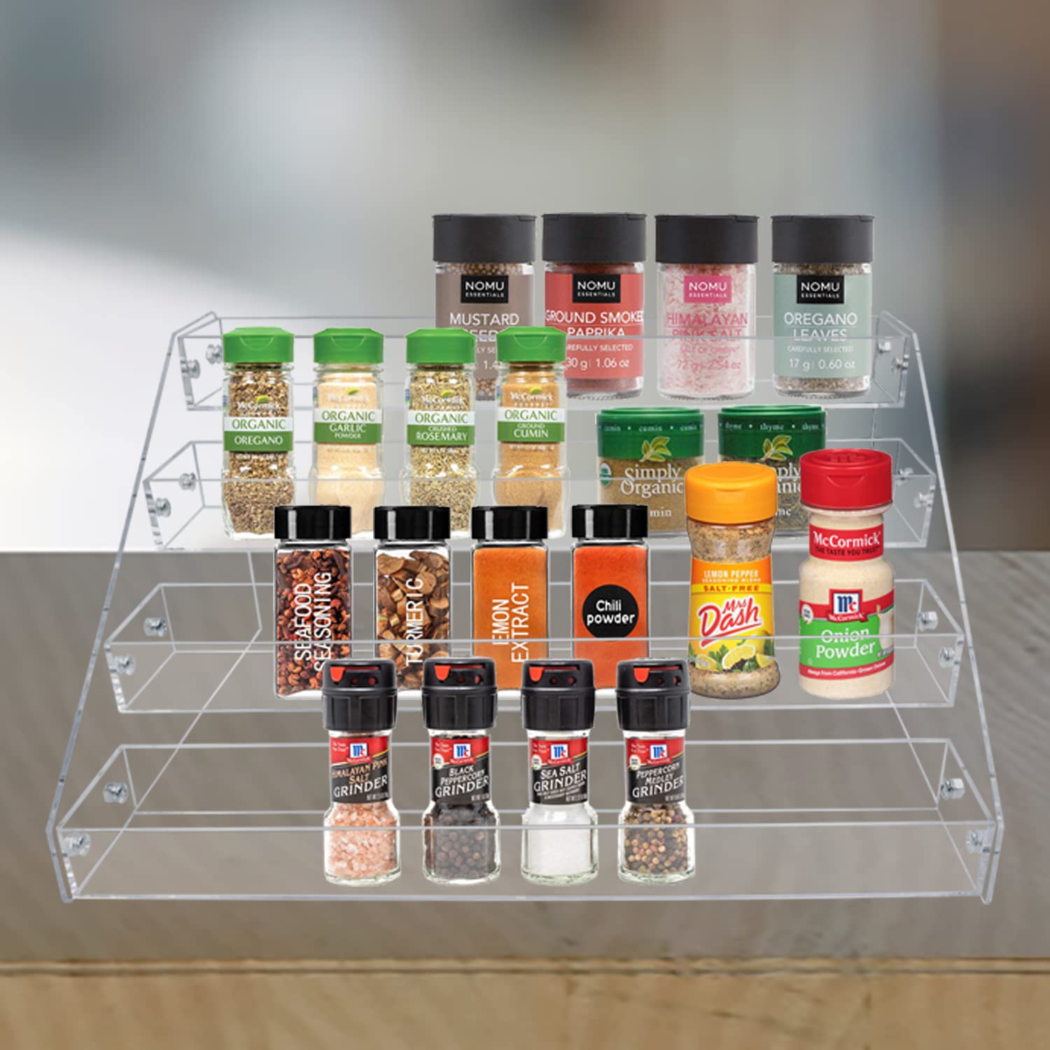 PMMASTO 4-Tier Clear Acrylic Spice Rack Organizer - Vertical Shelf for Seasonings, Cans & Kitchen Storage - Perfect for Countertop, Cabinet & Pantry Organization | Ideal for Small Spaces & Cooking Enthusiasts