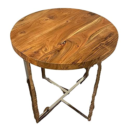 Modern Rustic Metal and Mango Wood Side Table - Brown End Table for Living Room, Bedroom, or Patio Decor
